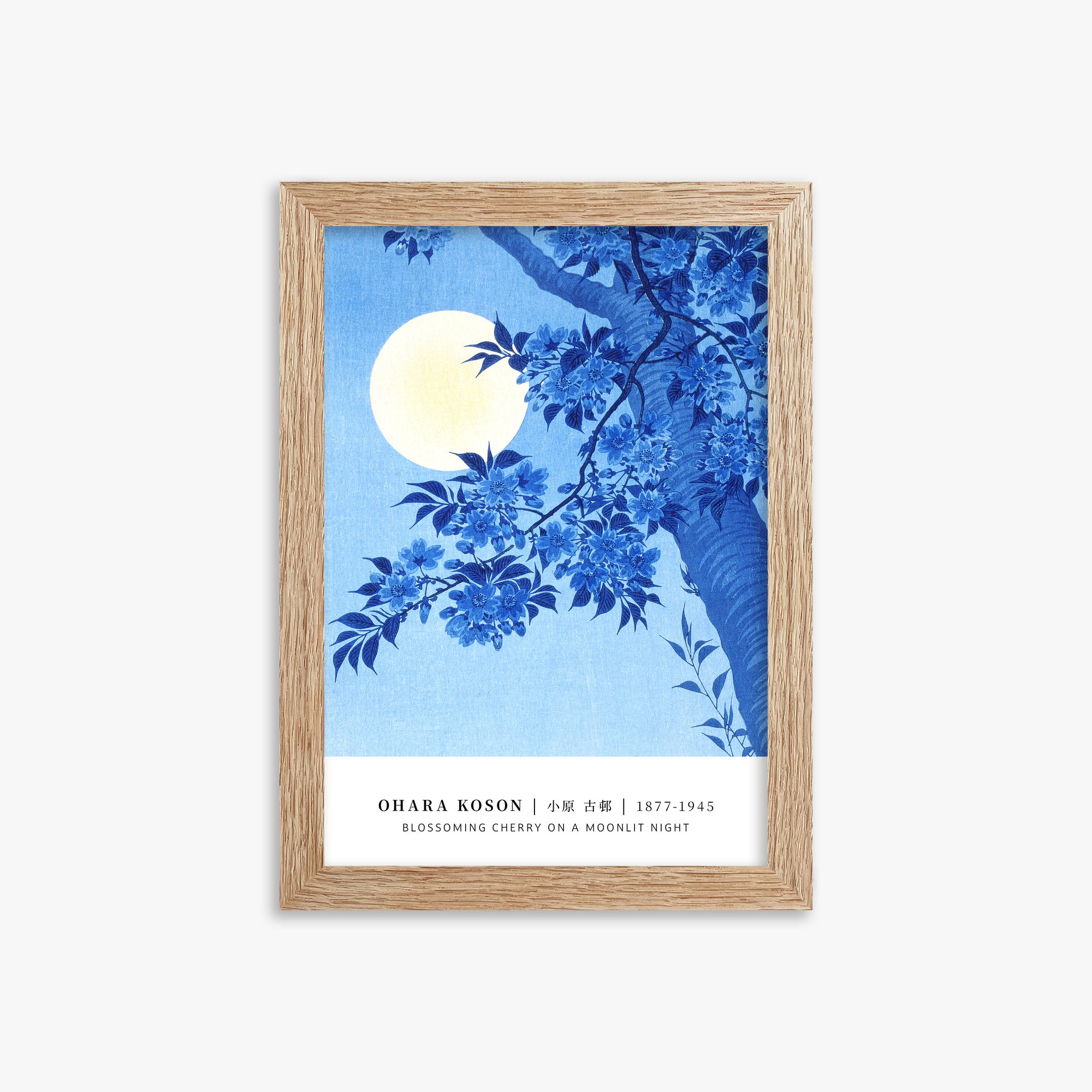 Ohara Koson: Blossoming Cherry on a Moonlit Night - Gallery-style, 21x30cm Framed Art Reproduction With Raw Oak Frame