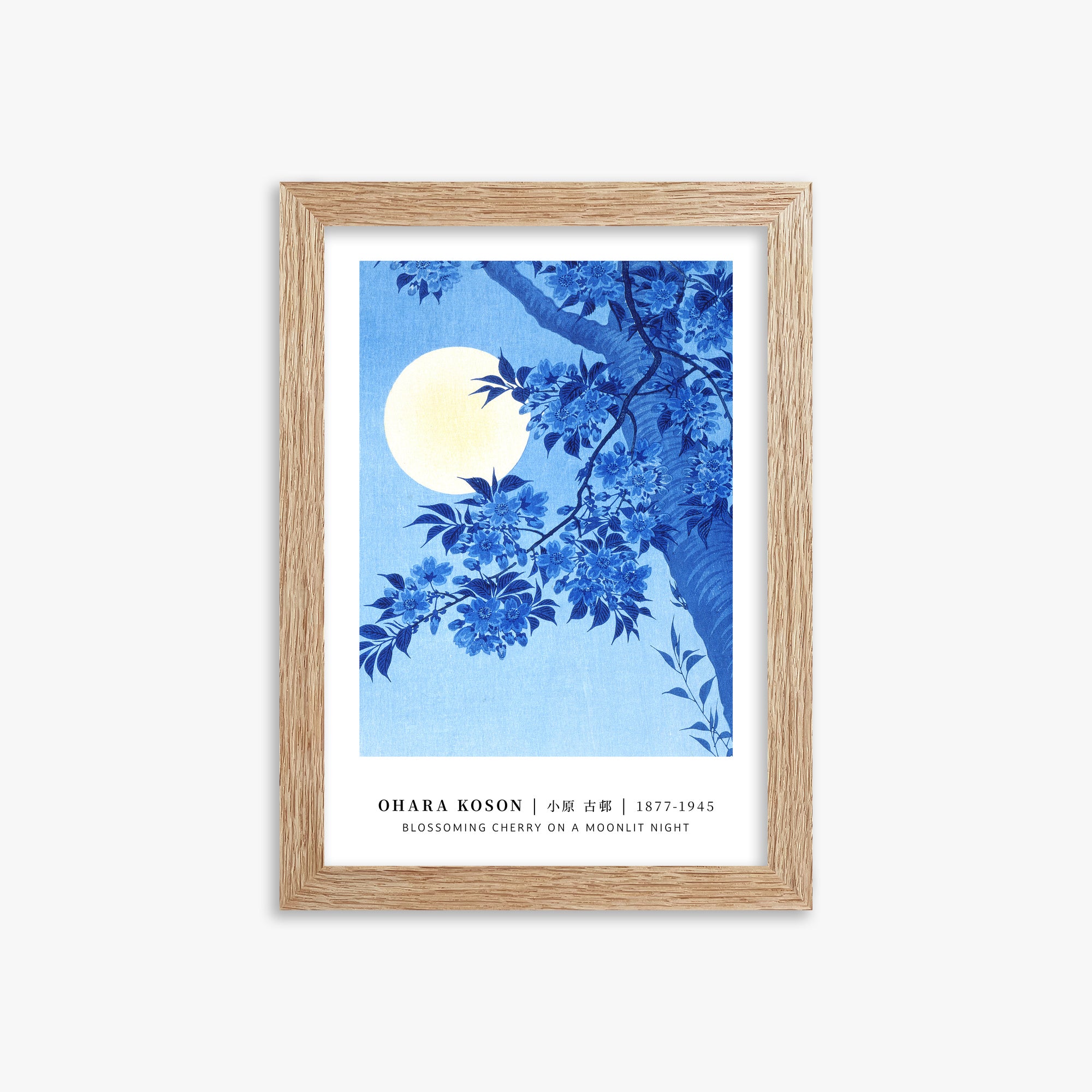 Ohara Koson: Blossoming Cherry on a Moonlit Night - Gallery-style, 21x30cm Framed Art Reproduction With Raw Oak Frame