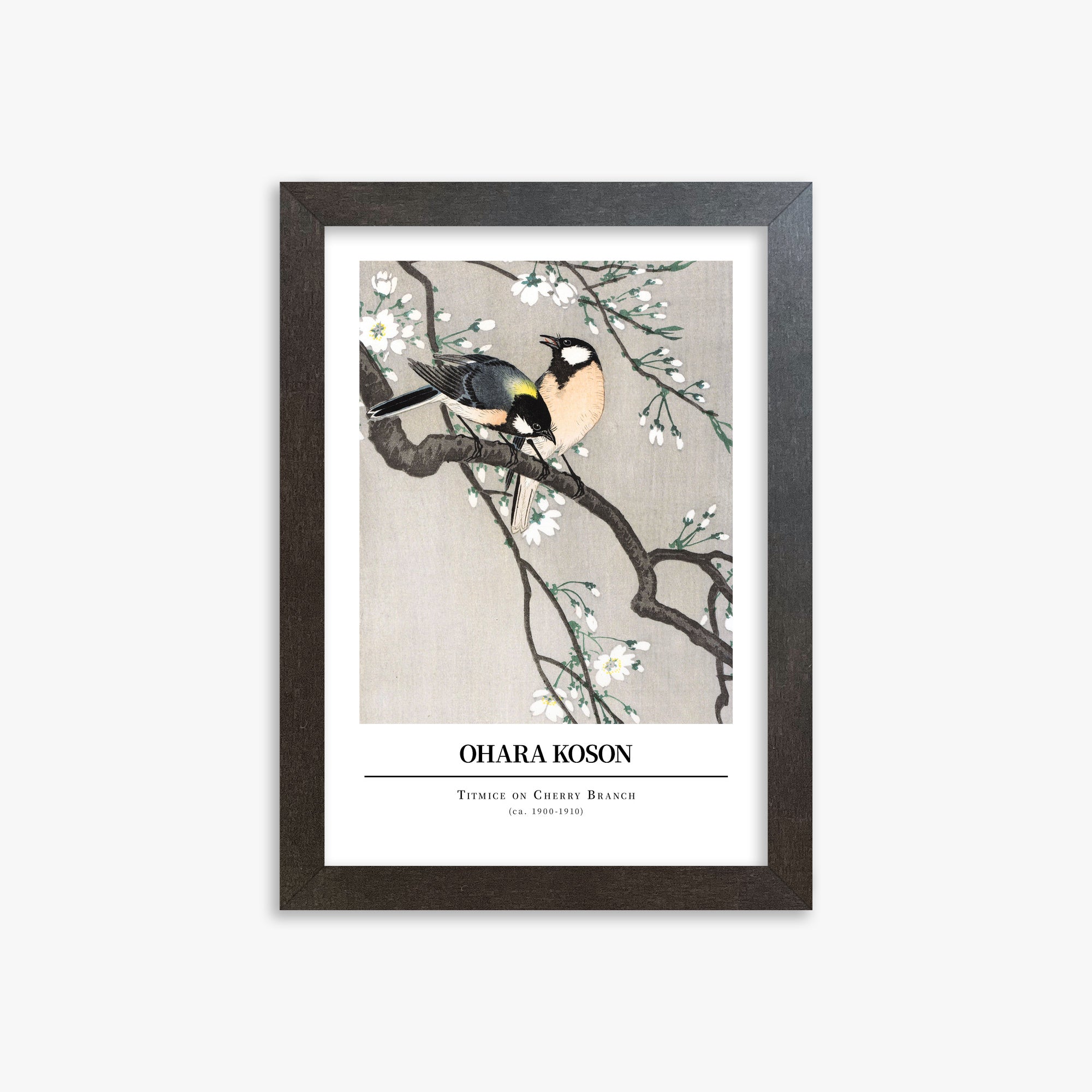 Ohara Koson: Titmice on Cherry Branch - Gallery-style, 21x30cm Framed Art Reproduction With Espresso Frame