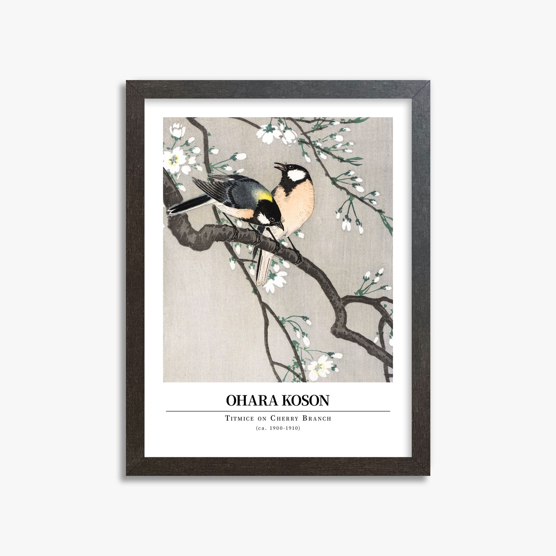 Ohara Koson: Titmice on Cherry Branch - Gallery-style, 30x40cm Framed Art Reproduction With Espresso Frame