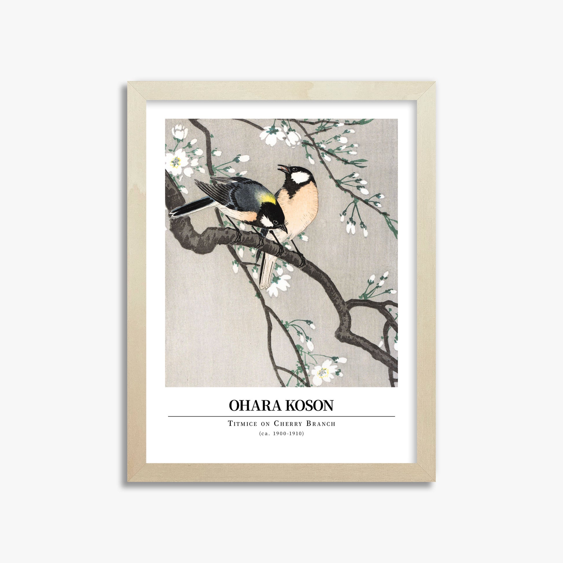 Ohara Koson: Titmice on Cherry Branch - Gallery-style, 30x40cm Framed Art Reproduction With Lime Wood Frame
