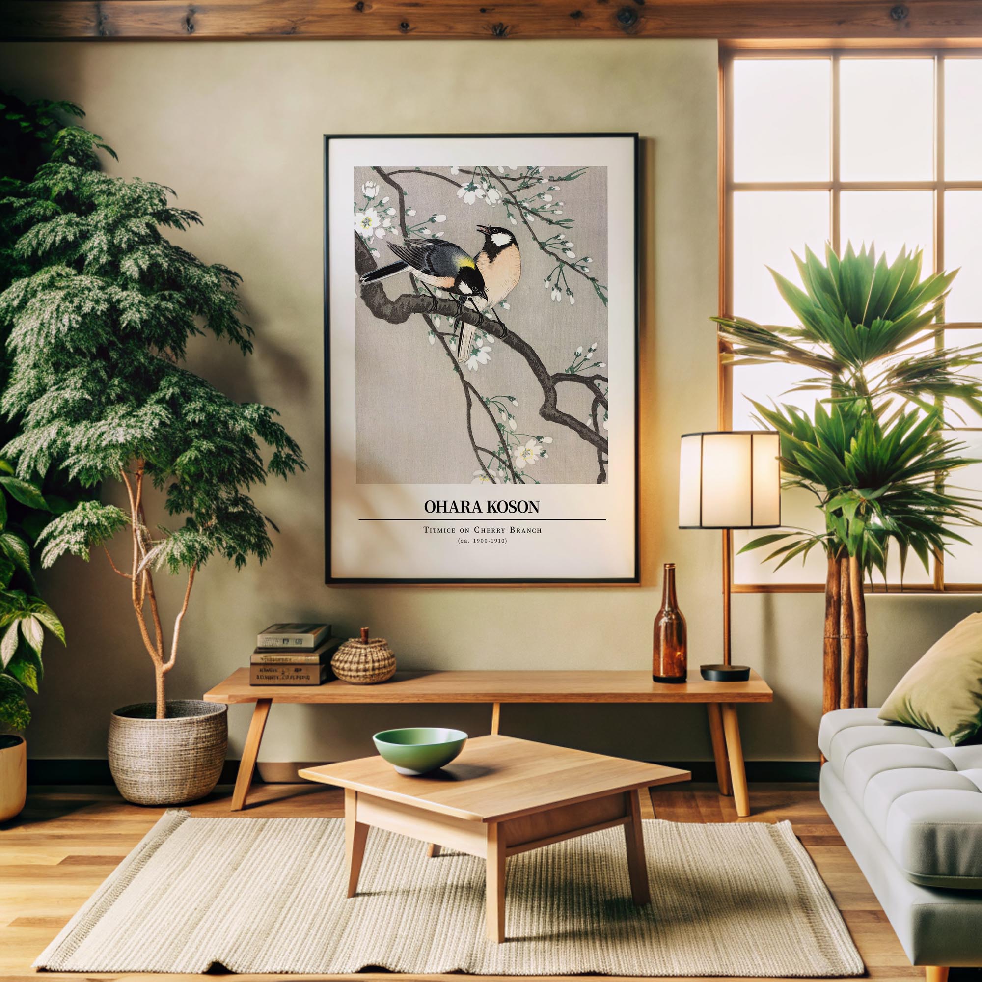 Design concept No. 32 for Ohara Koson: Titmice on Cherry Branch - Gallery-style Japanese Wall Art