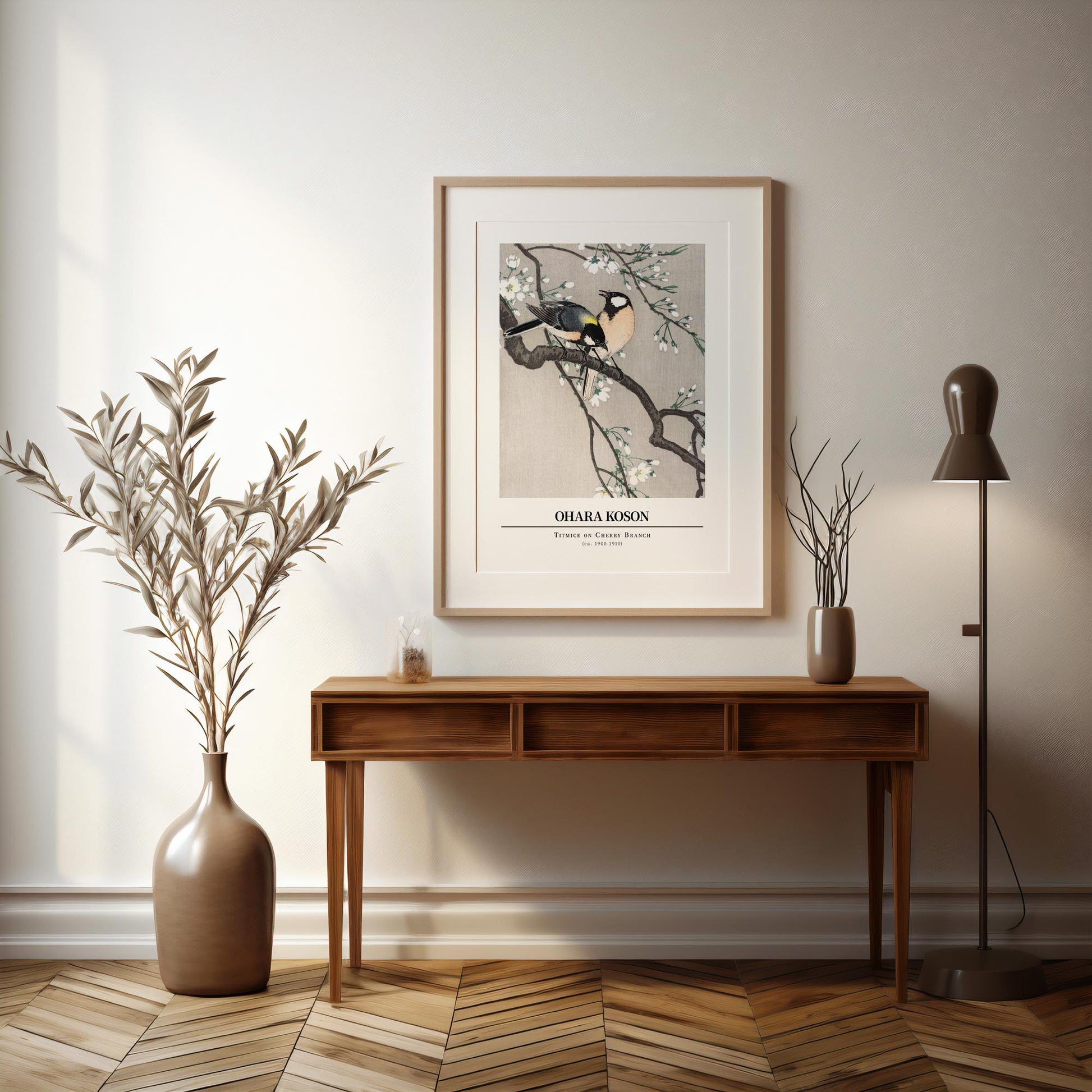 Design concept No. 37 for Ohara Koson: Titmice on Cherry Branch - Gallery-style Japanese Wall Art