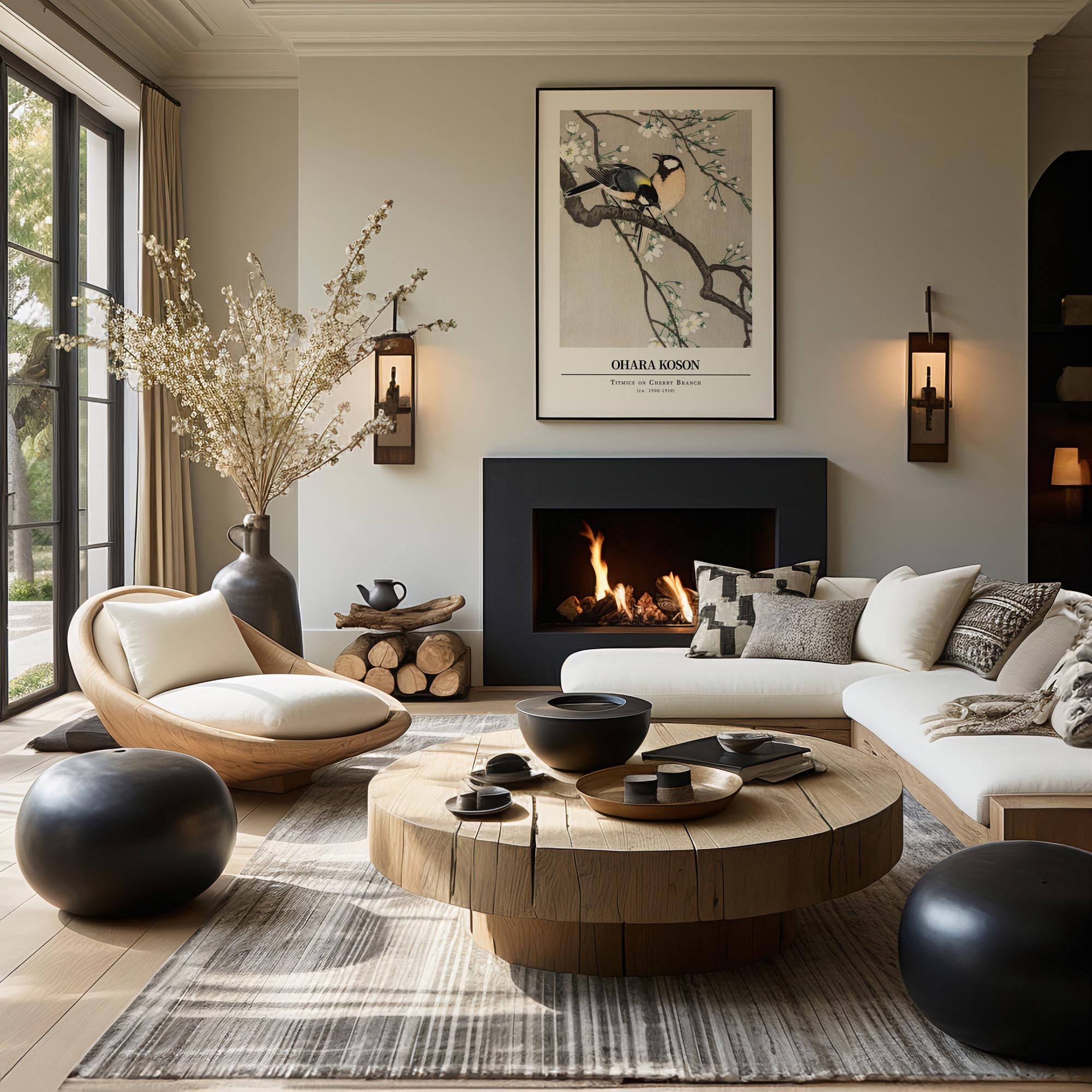 Design concept No. 39 for Ohara Koson: Titmice on Cherry Branch - Gallery-style Japanese Wall Art