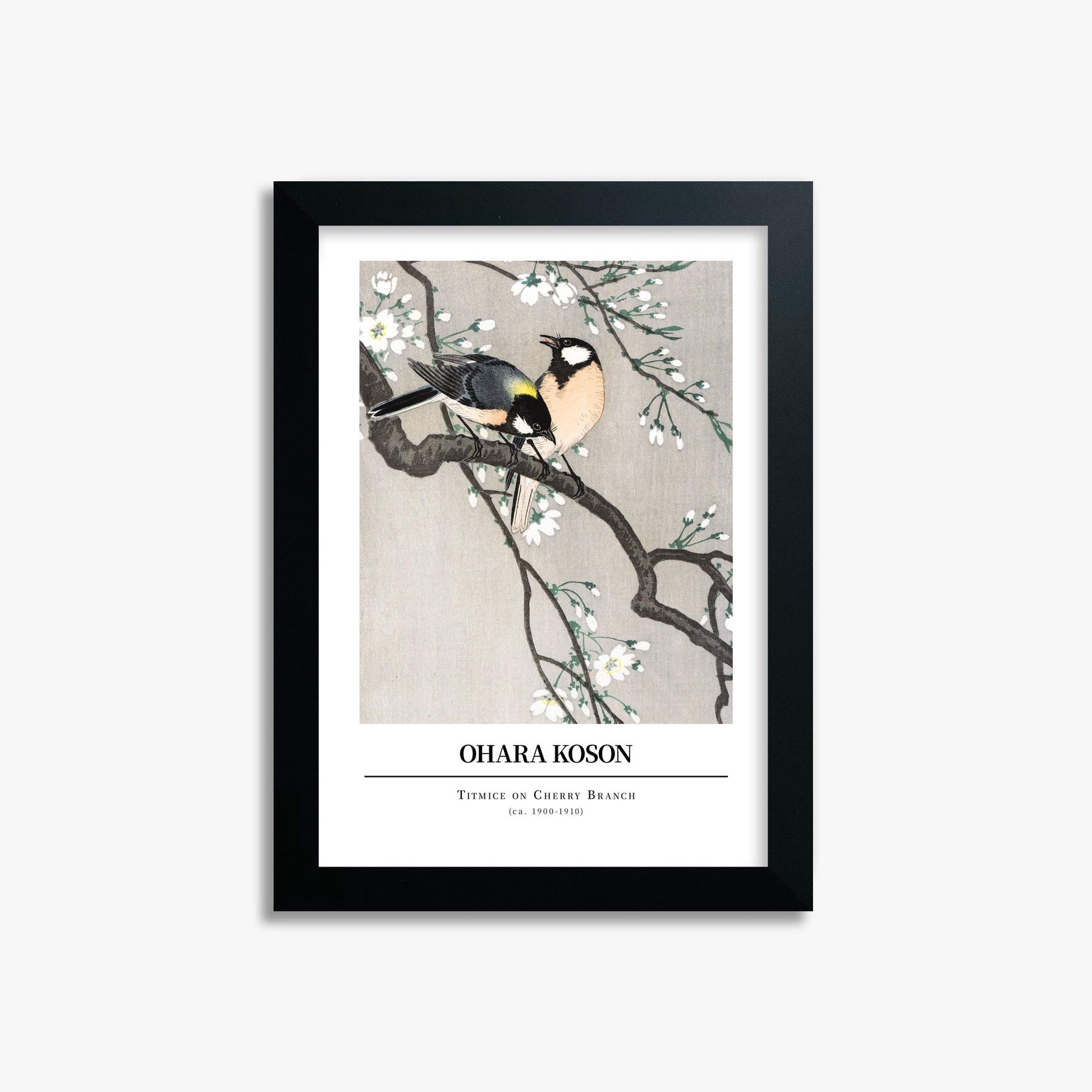 Ohara Koson: Titmice on Cherry Branch - Gallery-style 21x30 cm Art Reproduction With Black Frame