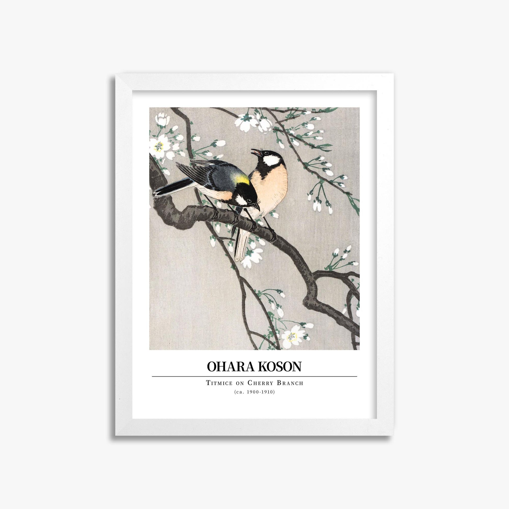 Ohara Koson: Titmice on Cherry Branch - Gallery-style 30x40 cm Art Reproduction With White Frame