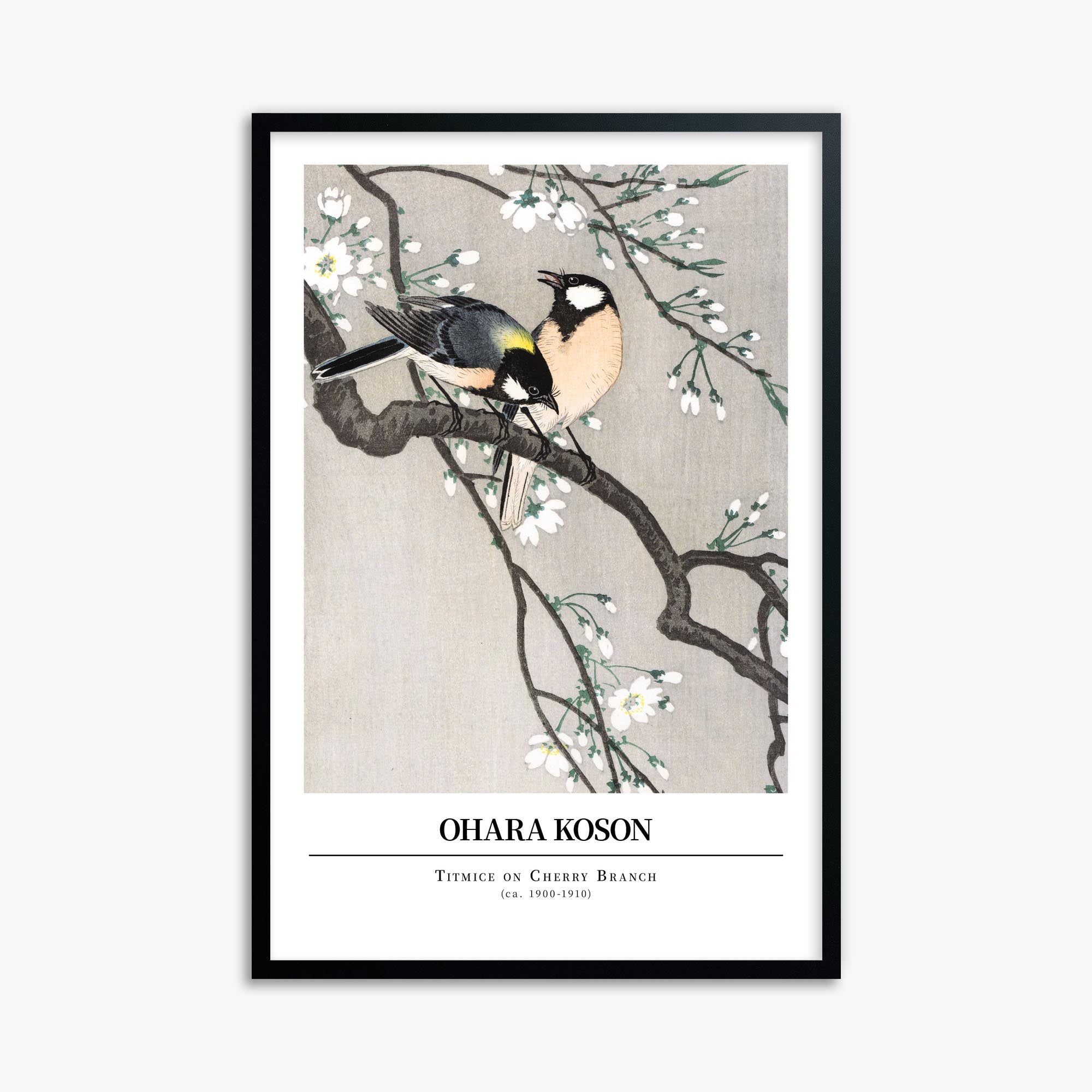 Ohara Koson: Titmice on Cherry Branch - Gallery-style 61x91 cm Art Reproduction With Black Frame