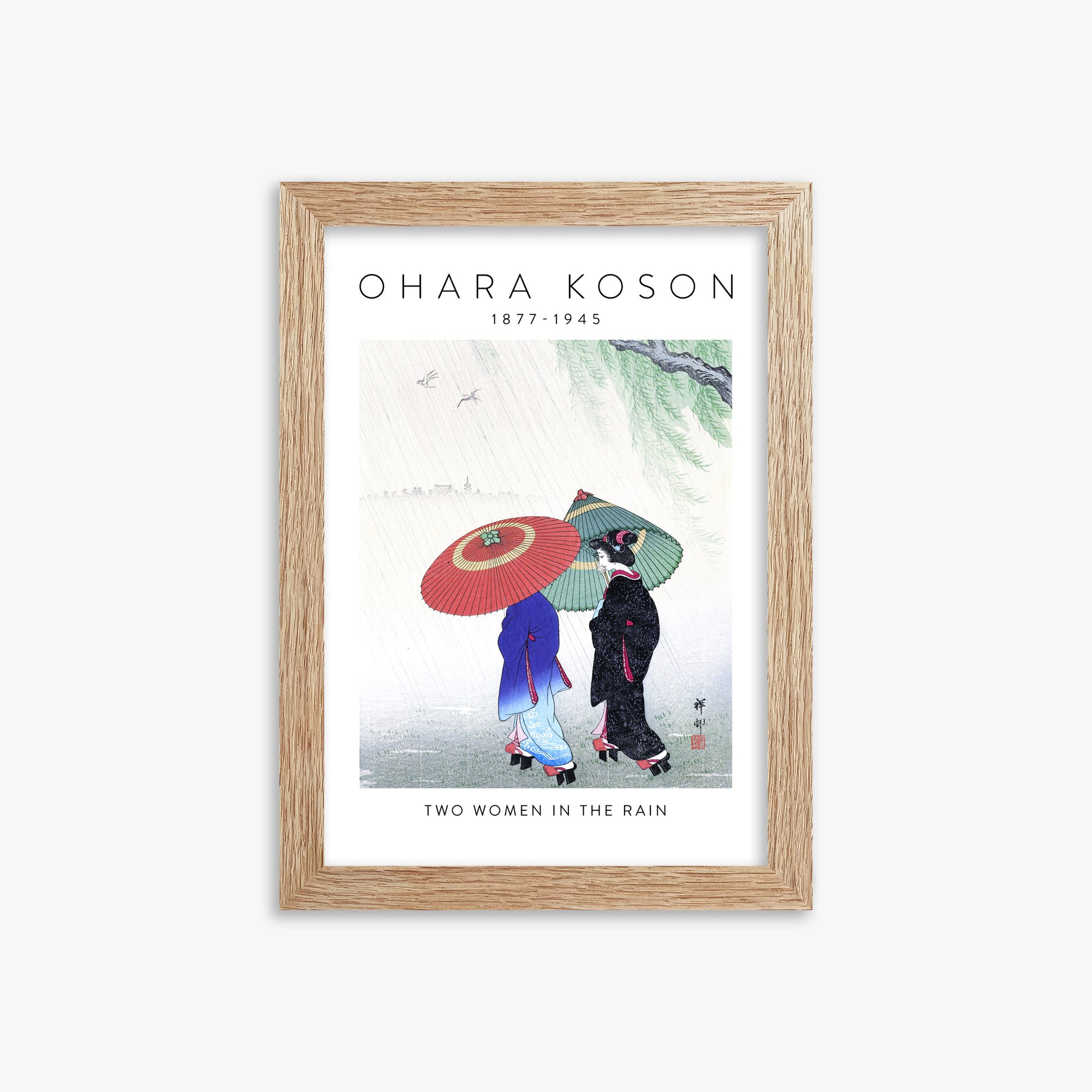 Ohara Koson: Two Women in the Rain - Gallery-style 2, 21x30cm Framed Art Reproduction With Raw Oak Frame