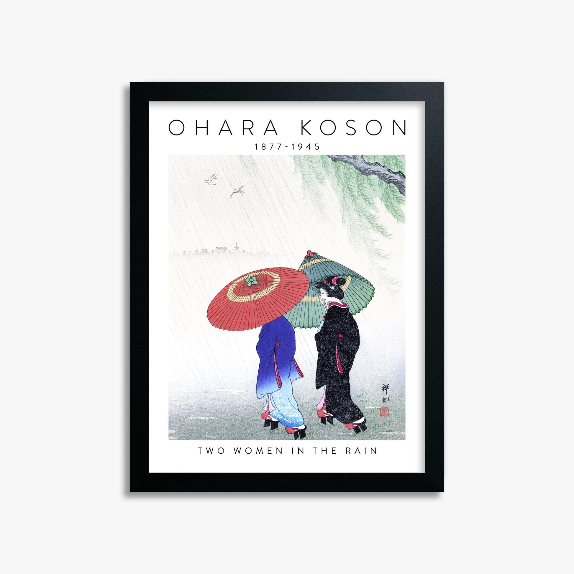 Ohara Koson: Two Women in the Rain - Gallery-style 2 30x40 cm Art Reproduction With Black Frame