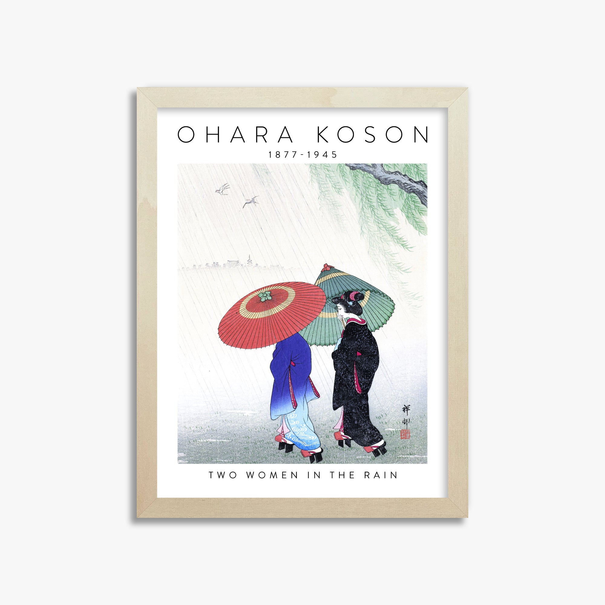 Ohara Koson: Two Women in the Rain - Gallery-style 2, 30x40cm Framed Art Reproduction With Lime Wood Frame