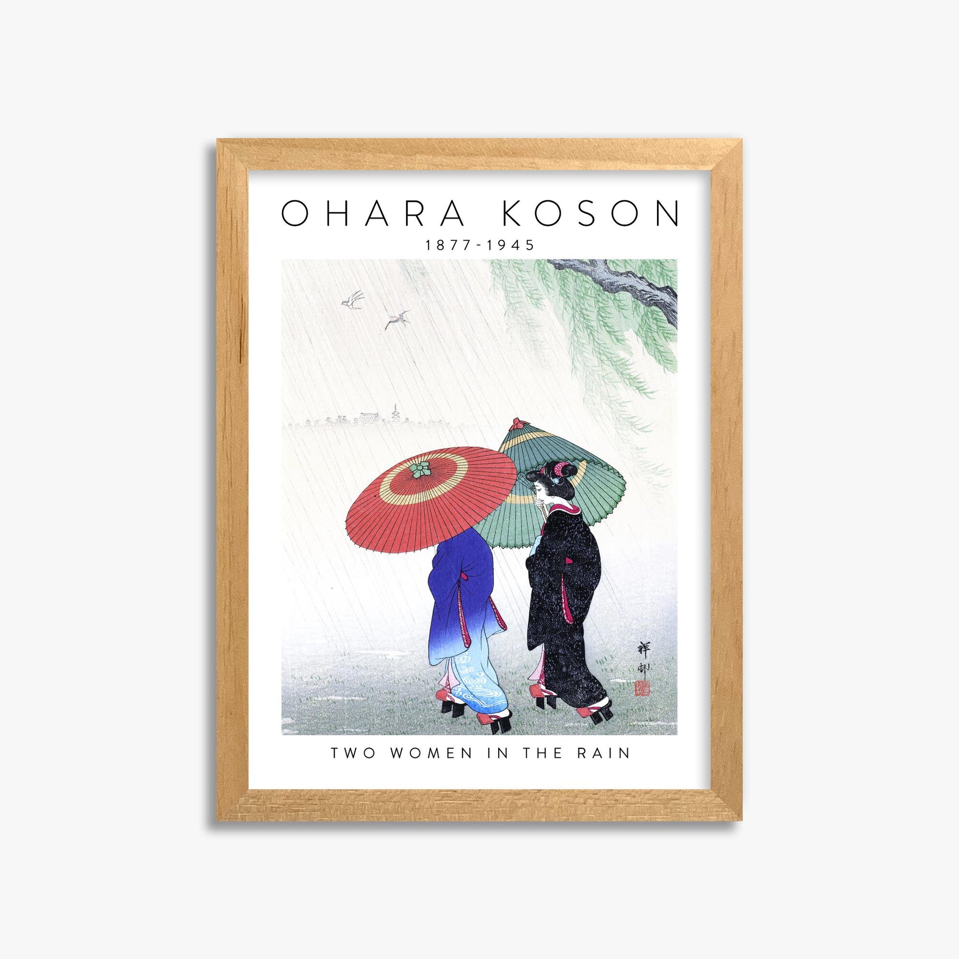 Ohara Koson: Two Women in the Rain - Gallery-style 2 30x40 cm Art Reproduction With Oak Frame