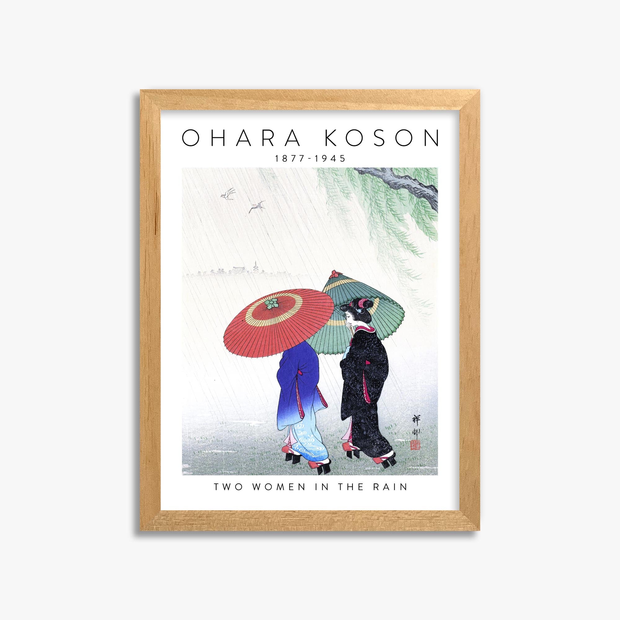 Ohara Koson: Two Women in the Rain - Gallery-style 2 30x40 cm Art Reproduction With Oak Frame