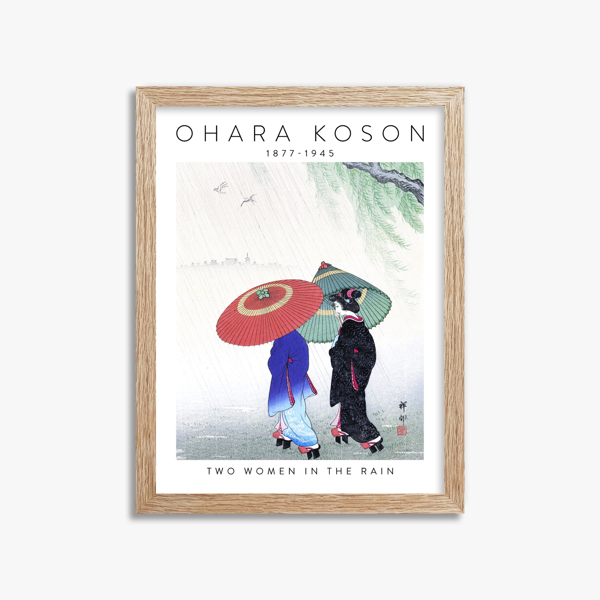 Ohara Koson: Two Women in the Rain - Gallery-style 2, 30x40cm Framed Art Reproduction With Raw Oak Frame