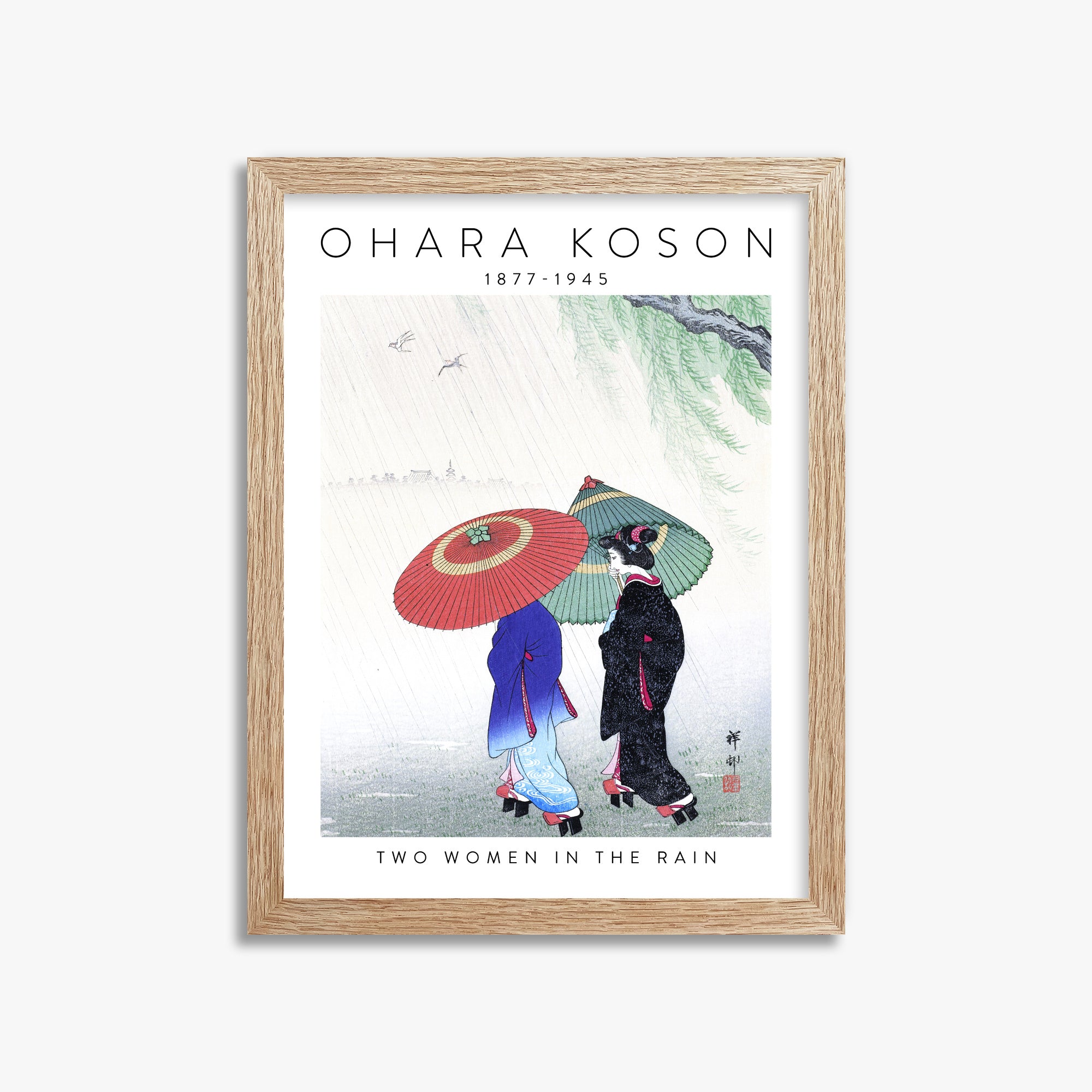 Ohara Koson: Two Women in the Rain - Gallery-style 2, 30x40cm Framed Art Reproduction With Raw Oak Frame