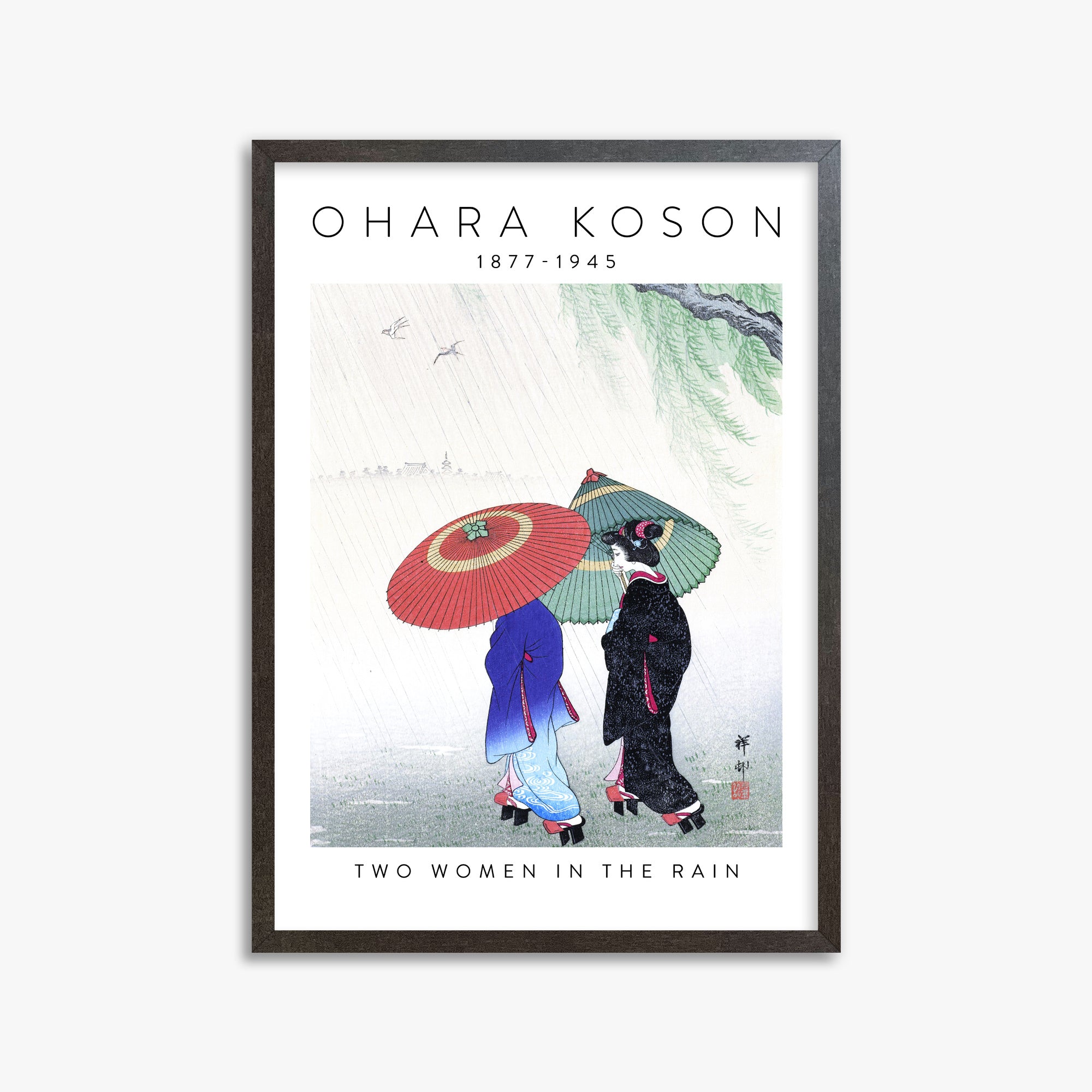 Ohara Koson: Two Women in the Rain - Gallery-style 2, 50x70cm Framed Art Reproduction With Espresso Frame