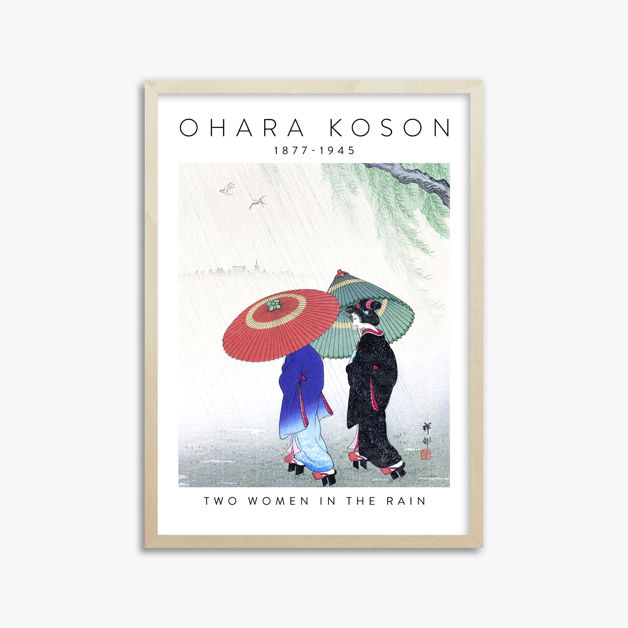 Ohara Koson: Two Women in the Rain - Gallery-style 2, 50x70cm Framed Art Reproduction With Lime Wood Frame