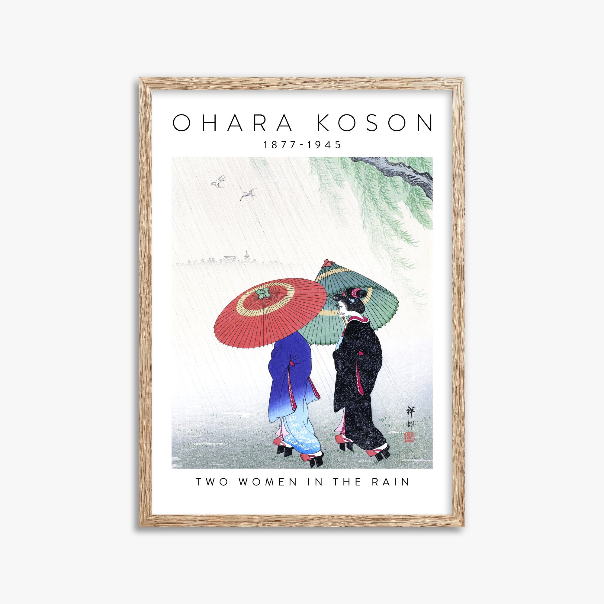 Ohara Koson: Two Women in the Rain - Gallery-style 2, 50x70cm Framed Art Reproduction With Raw Oak Frame