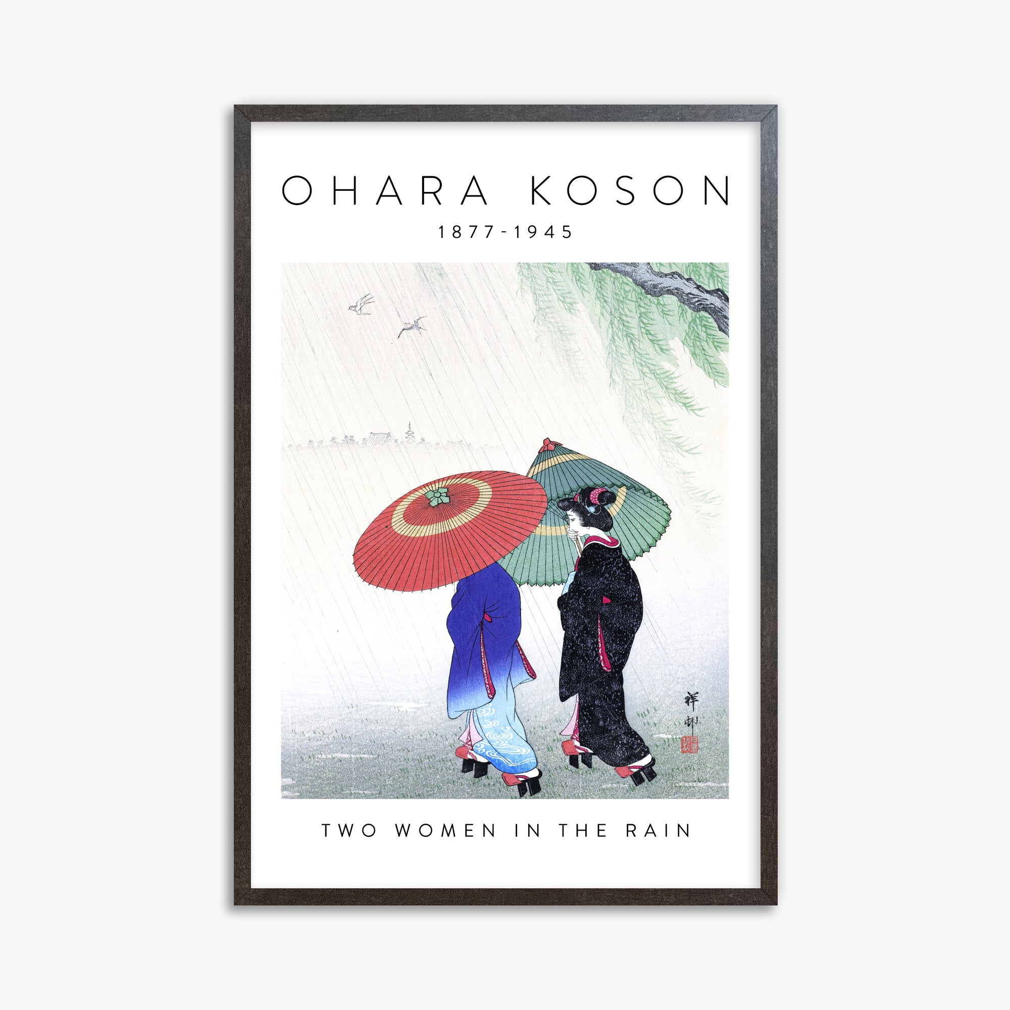 Ohara Koson: Two Women in the Rain - Gallery-style 2, 61x91cm Framed Art Reproduction With Espresso Frame