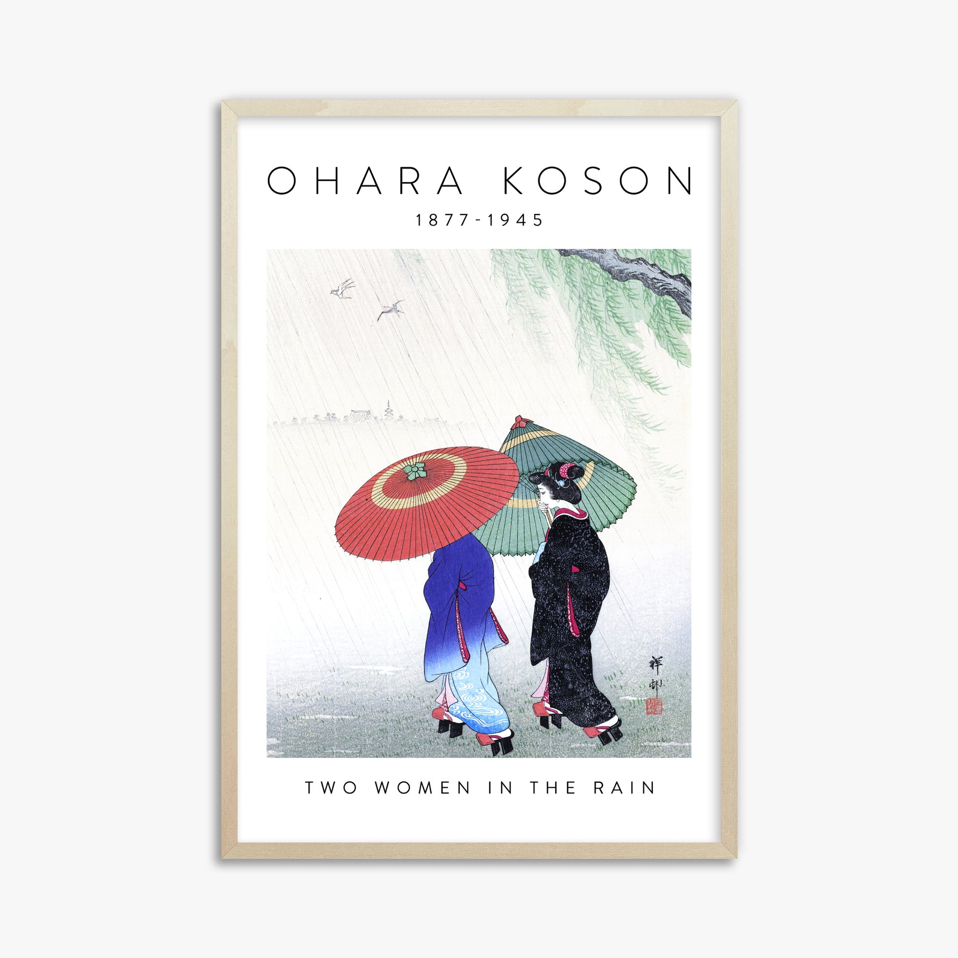 Ohara Koson: Two Women in the Rain - Gallery-style 2, 61x91cm Framed Art Reproduction With Lime Wood Frame