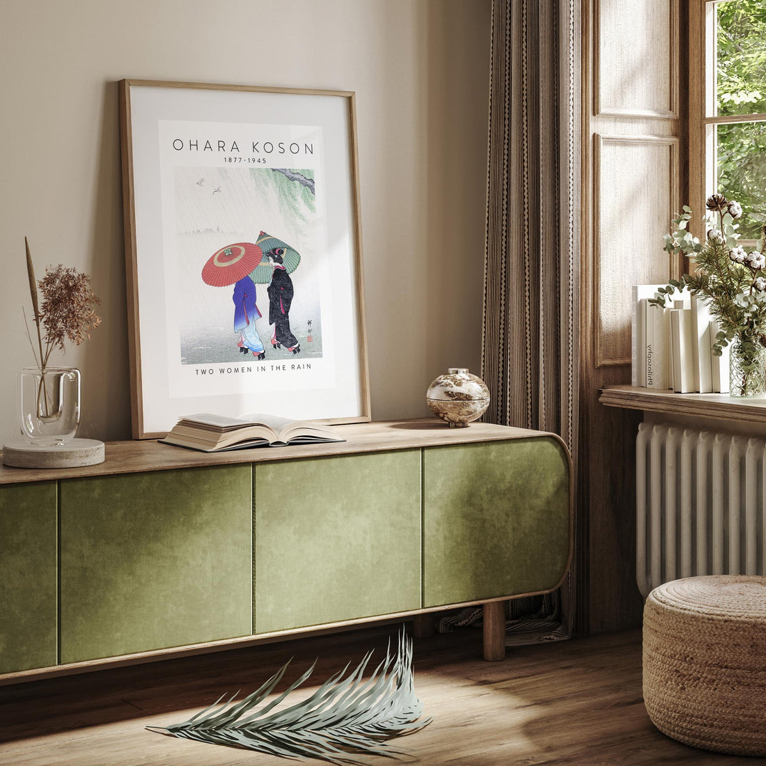 Ohara Koson: Two Women in the Rain - Gallery-style 2 50x70 cm Art Reproduction With Black Frame