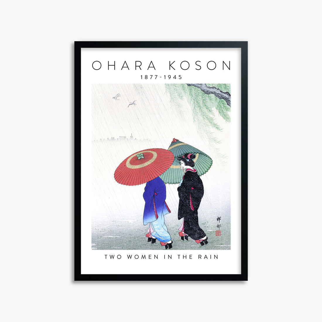 Ohara Koson: Two Women in the Rain - Gallery-style 2 50x70 cm Art Reproduction With Black Frame