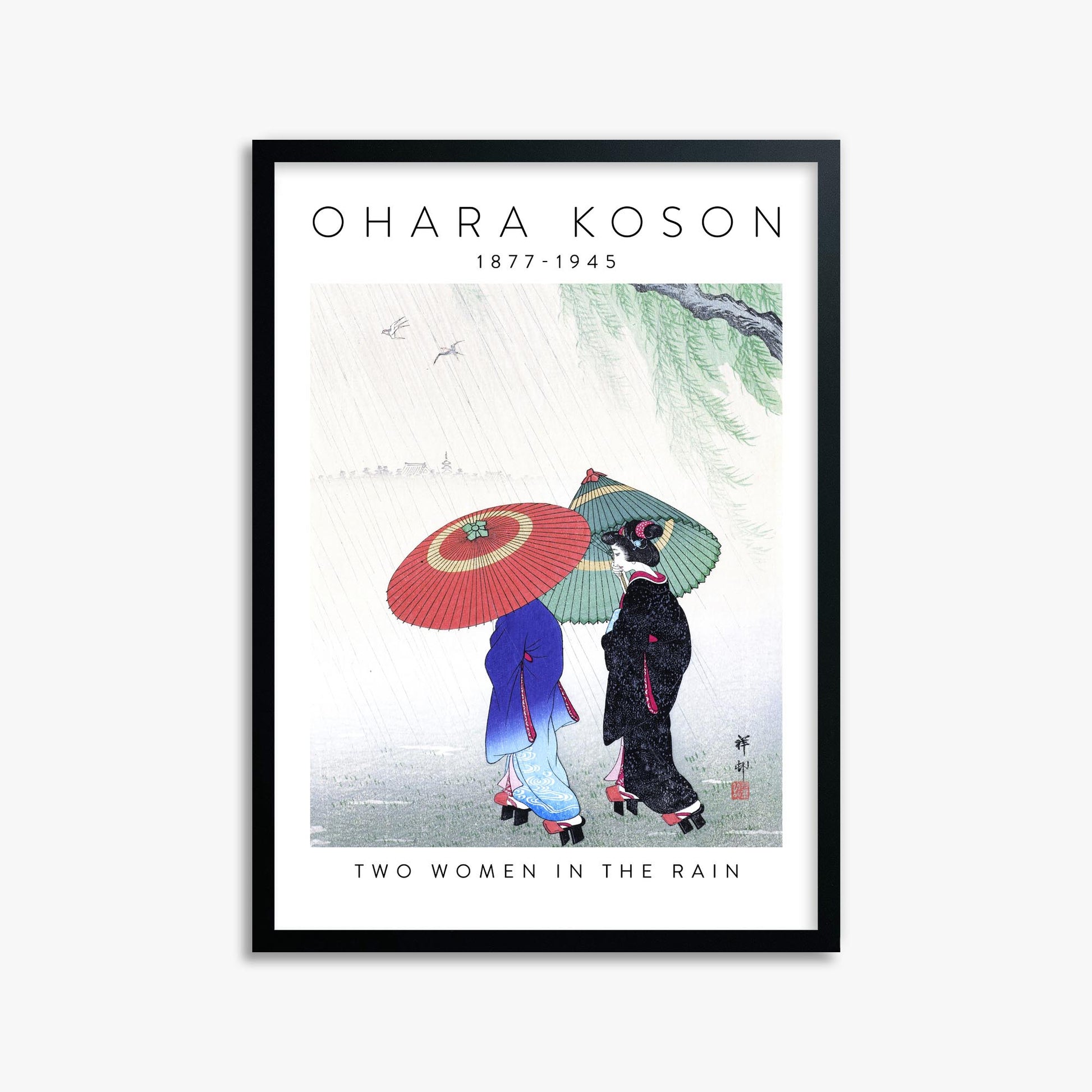 Ohara Koson: Two Women in the Rain - Gallery-style 2 50x70 cm Art Reproduction With Black Frame