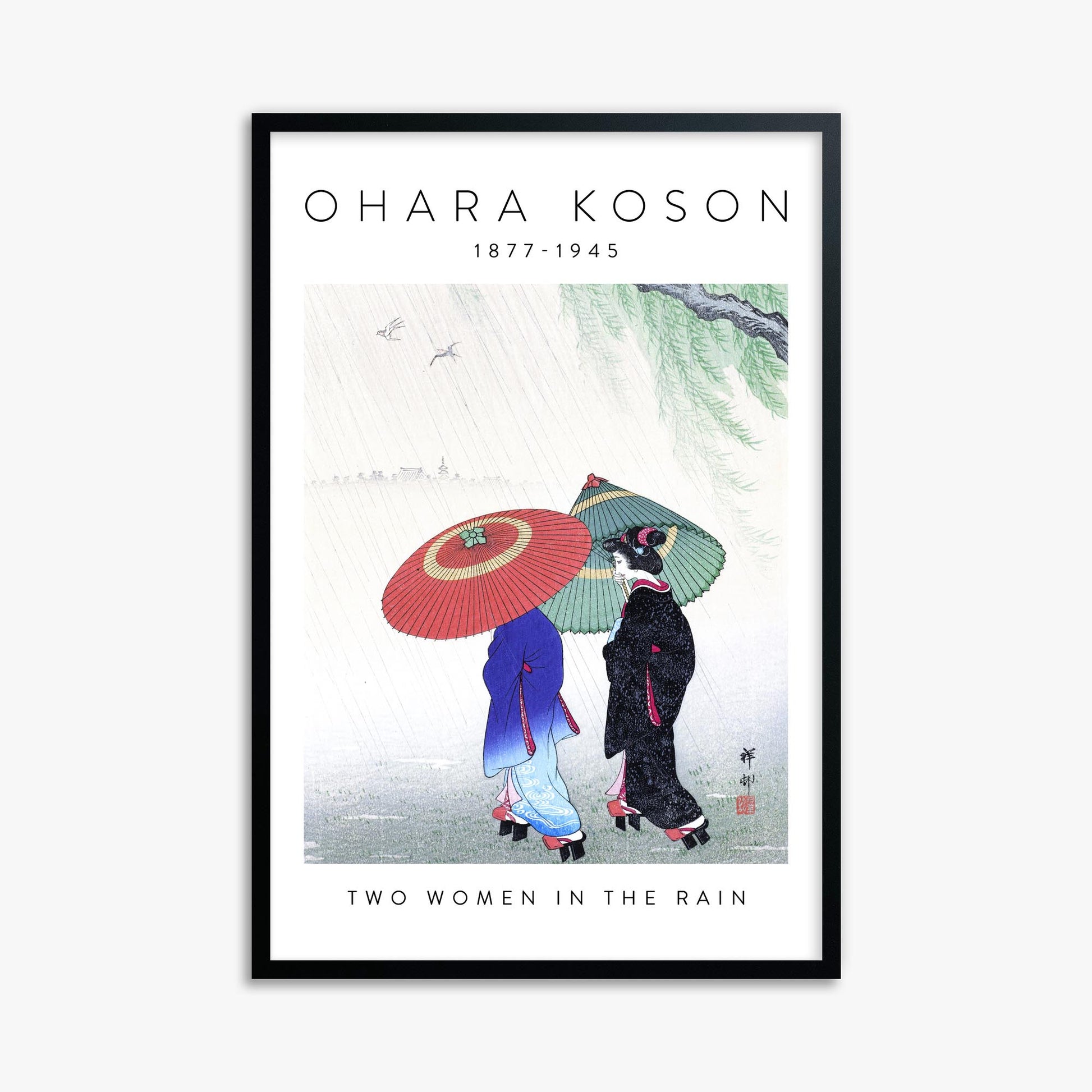 Ohara Koson: Two Women in the Rain - Gallery-style 2 61x91 cm Art Reproduction With Black Frame
