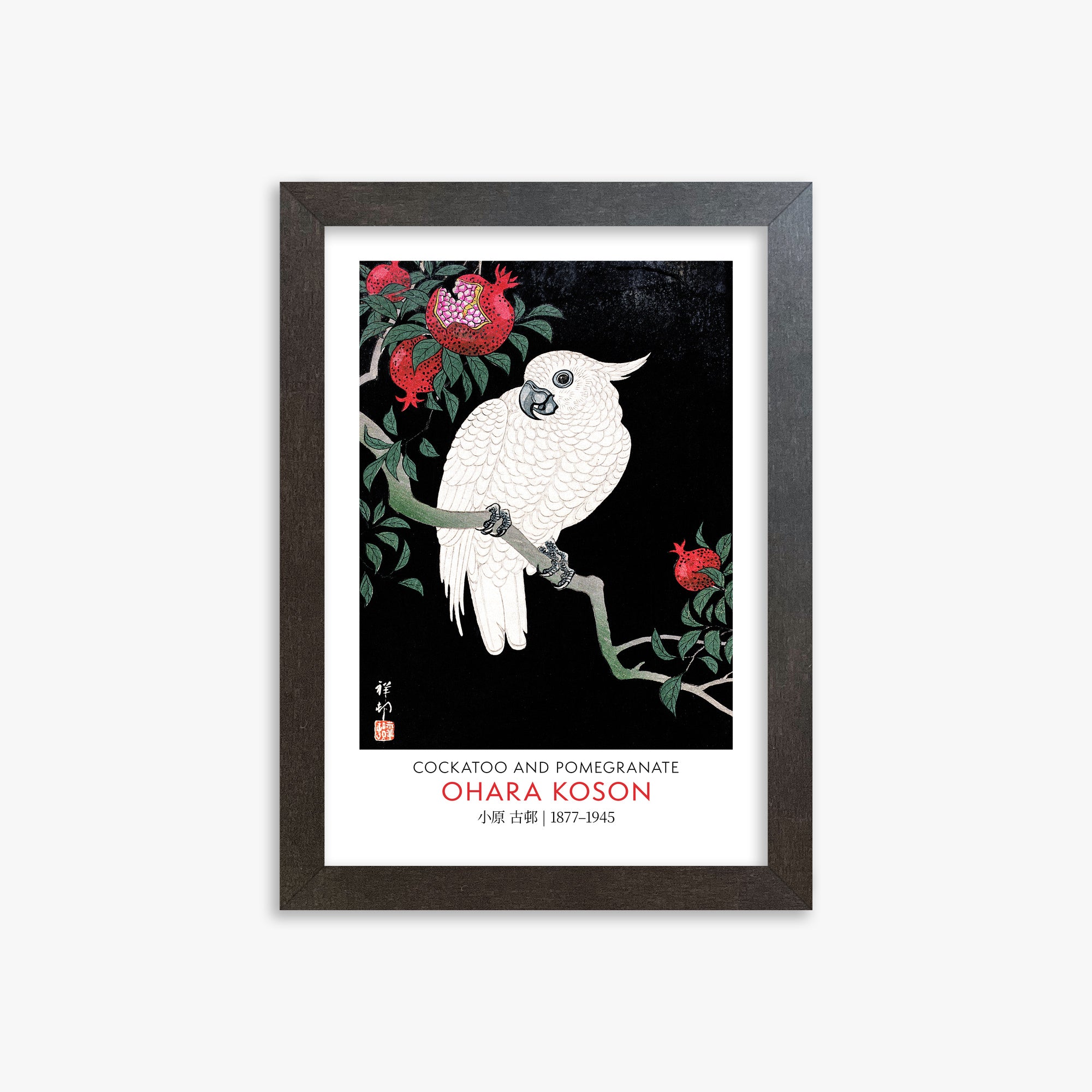 Ohara Koson: Cockatoo and Pomegranate - Gallery-style, 21x30cm Framed Art Reproduction With Espresso Frame