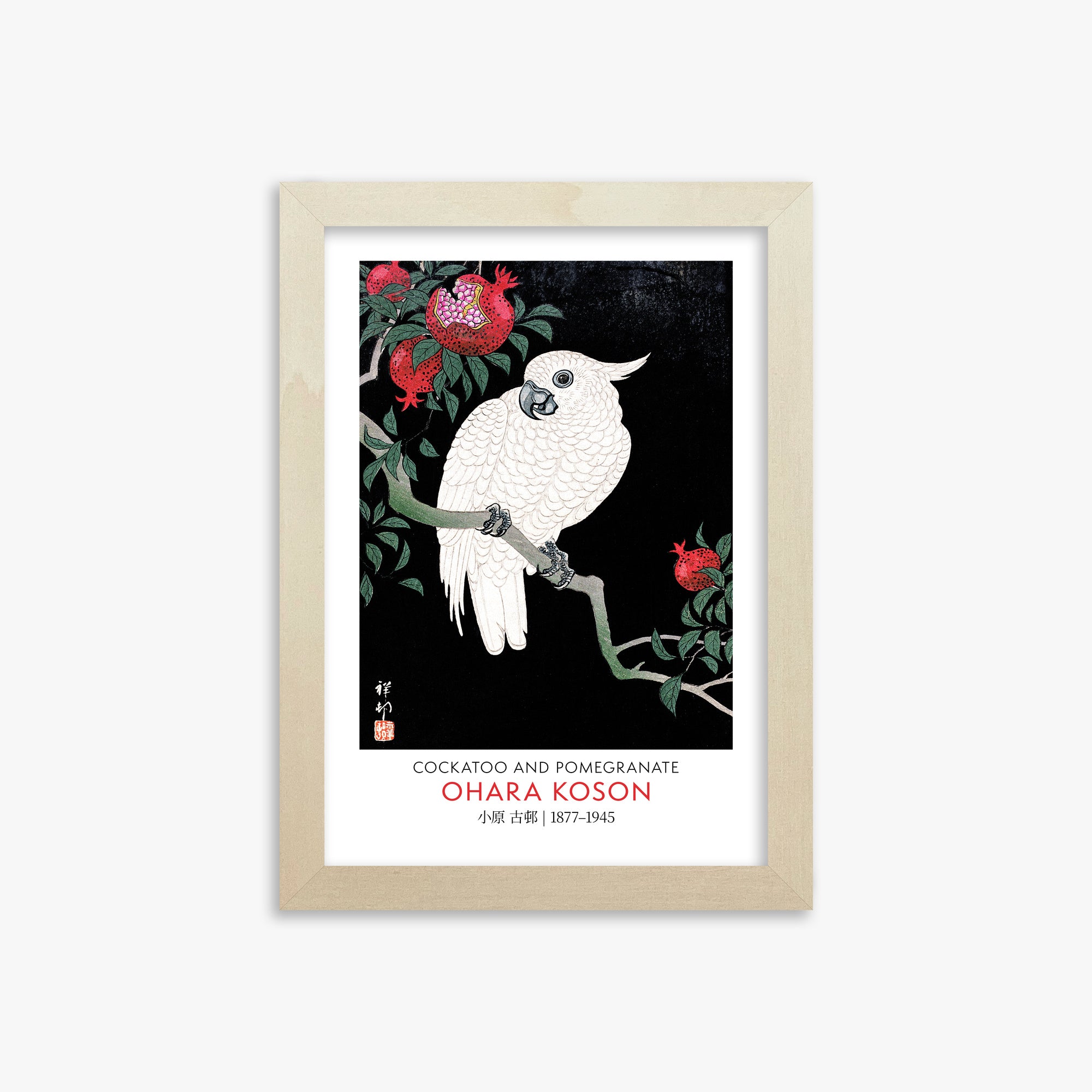 Ohara Koson: Cockatoo and Pomegranate - Gallery-style, 21x30cm Framed Art Reproduction With Lime Wood Frame