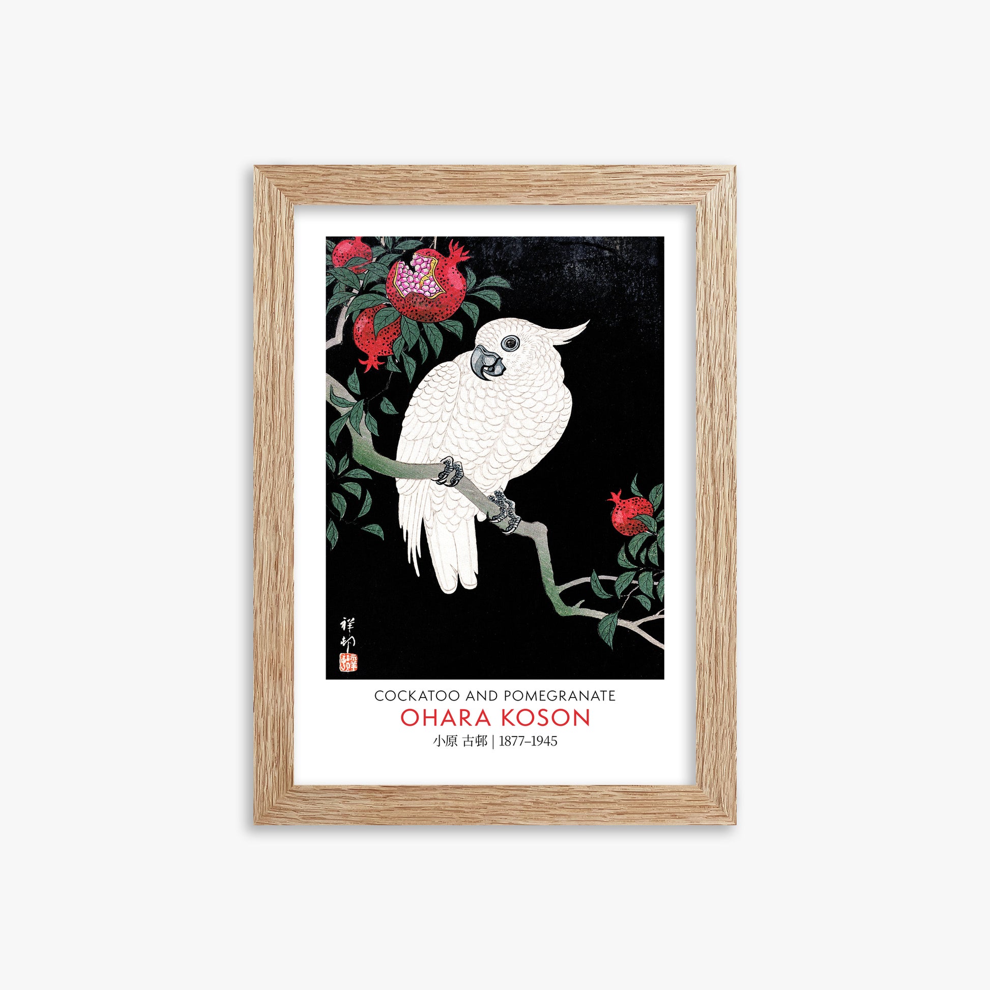 Ohara Koson: Cockatoo and Pomegranate - Gallery-style, 21x30cm Framed Art Reproduction With Raw Oak Frame
