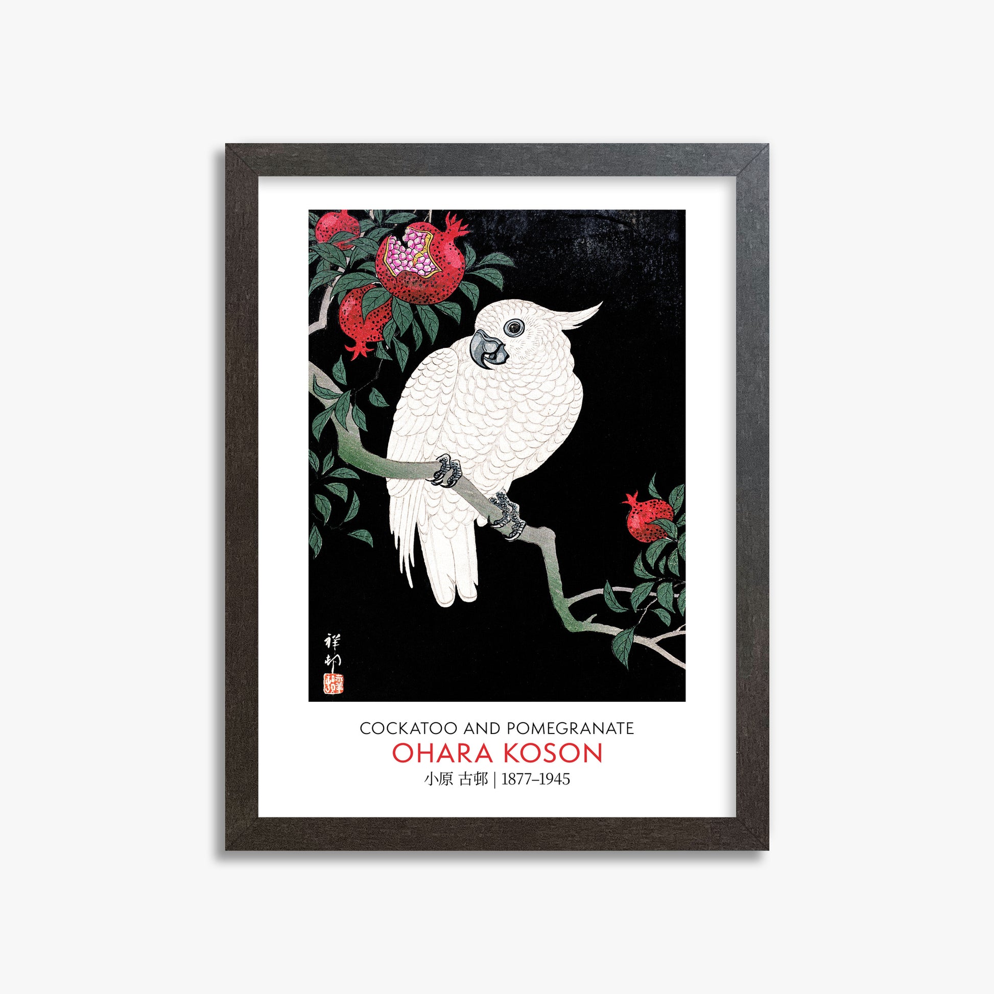 Ohara Koson: Cockatoo and Pomegranate - Gallery-style, 30x40cm Framed Art Reproduction With Espresso Frame