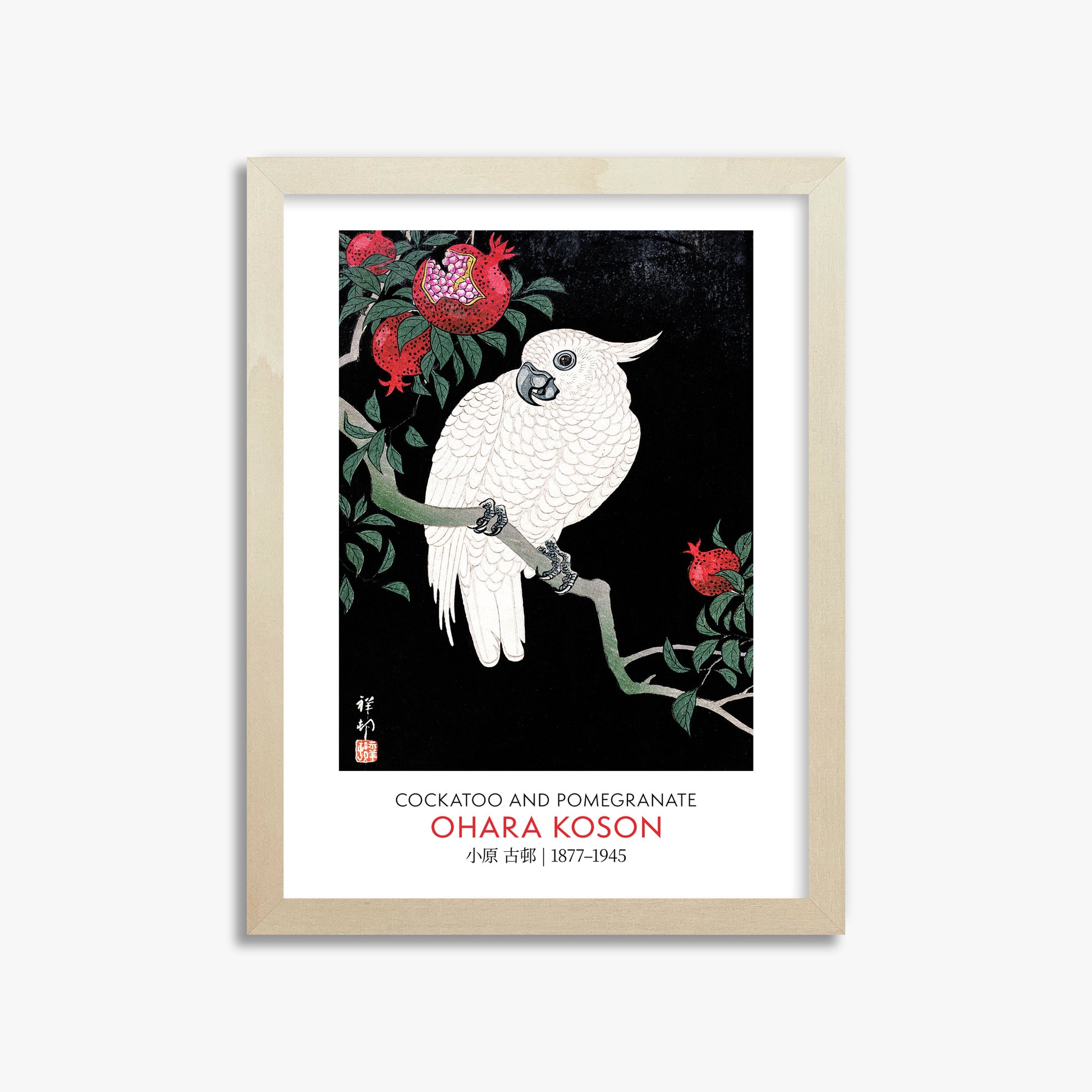 Ohara Koson: Cockatoo and Pomegranate - Gallery-style, 30x40cm Framed Art Reproduction With Lime Wood Frame