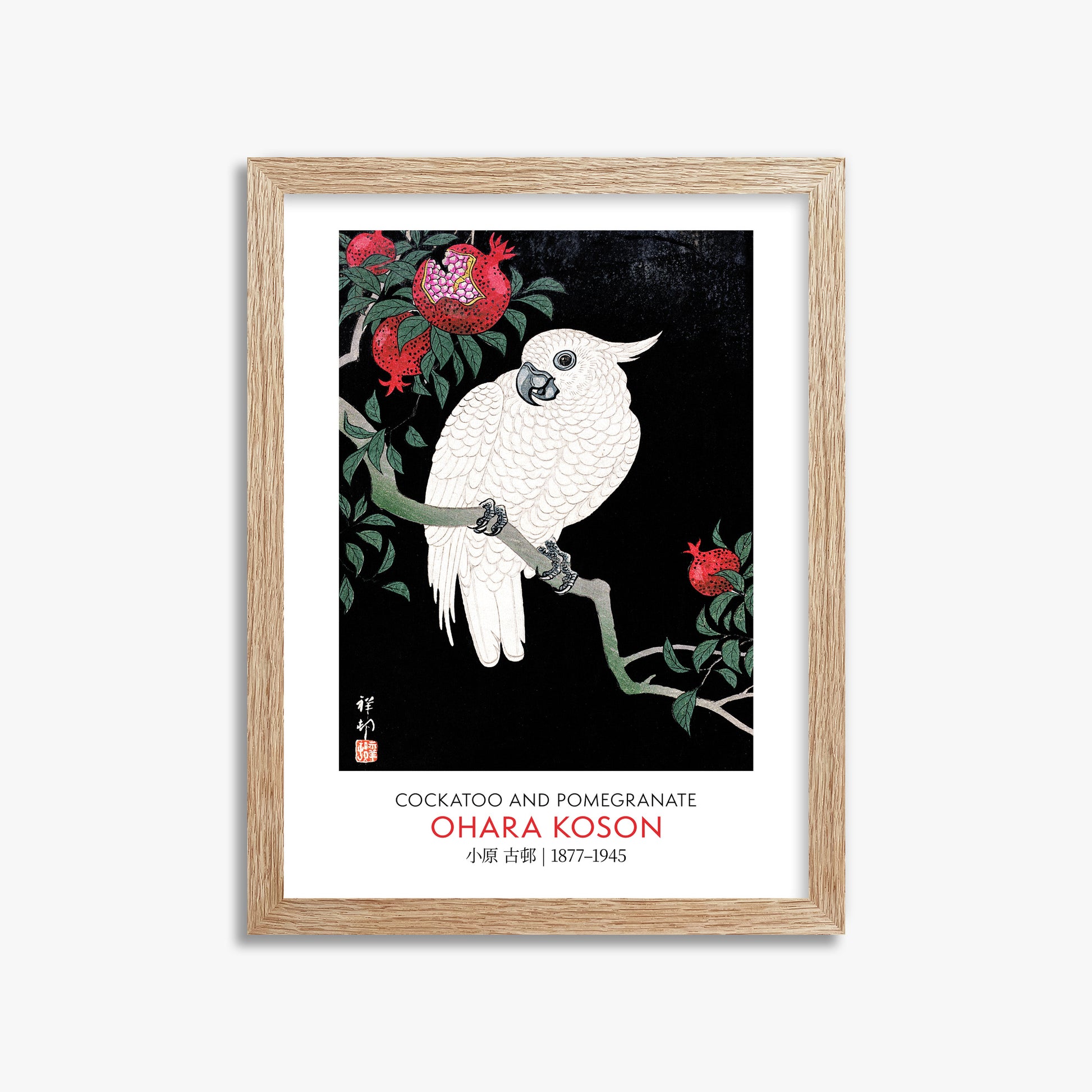 Ohara Koson: Cockatoo and Pomegranate - Gallery-style, 30x40cm Framed Art Reproduction With Raw Oak Frame