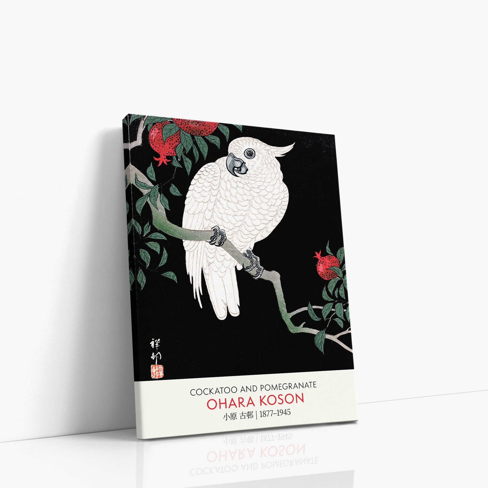 Ohara Koson: Cockatoo and Pomegranate - Gallery-style, 30x40cm Satin Canvas Art Reproduction Left Angle