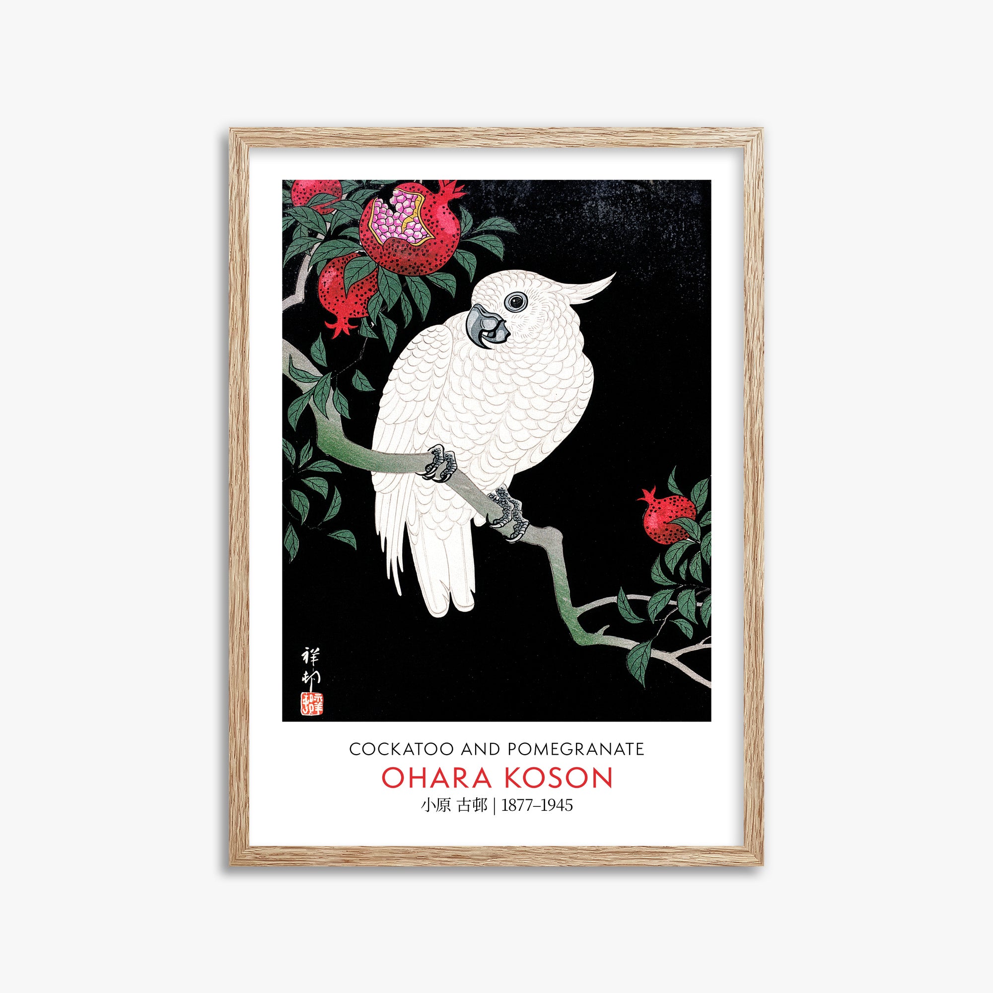 Ohara Koson: Cockatoo and Pomegranate - Gallery-style, 50x70cm Framed Art Reproduction With Raw Oak Frame
