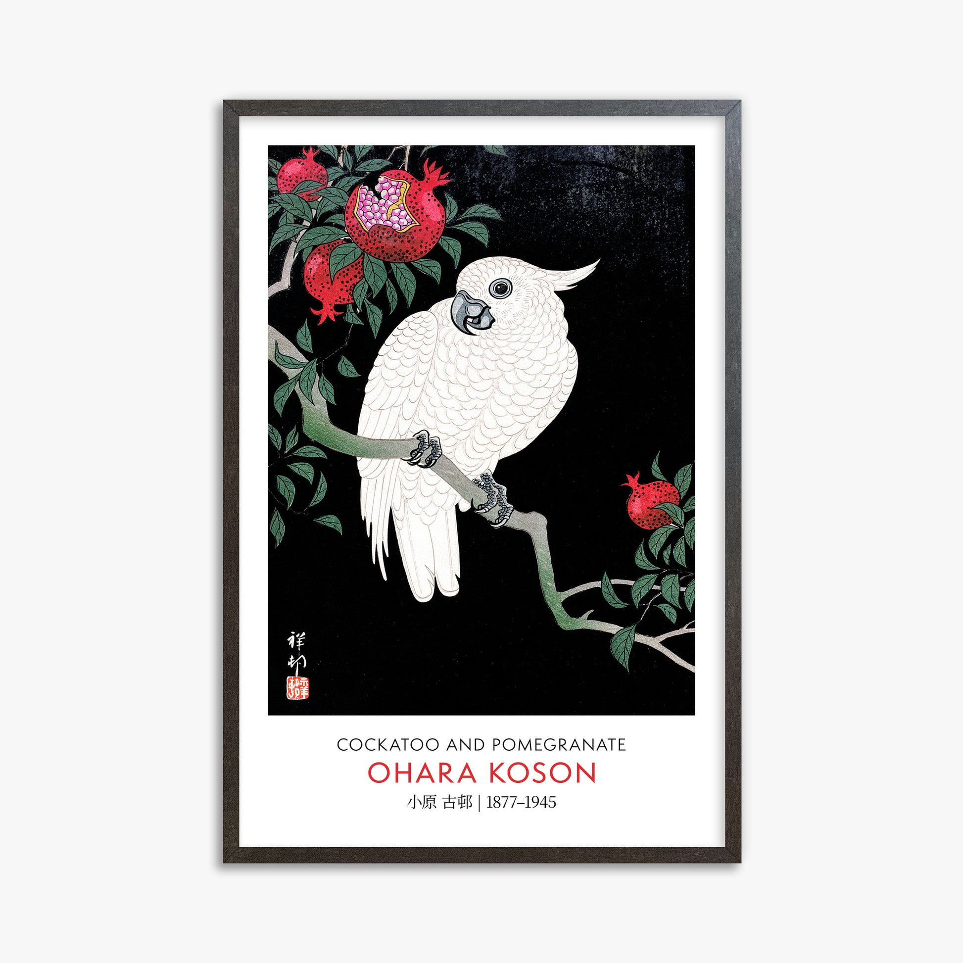 Ohara Koson: Cockatoo and Pomegranate - Gallery-style, 61x91cm Framed Art Reproduction With Espresso Frame