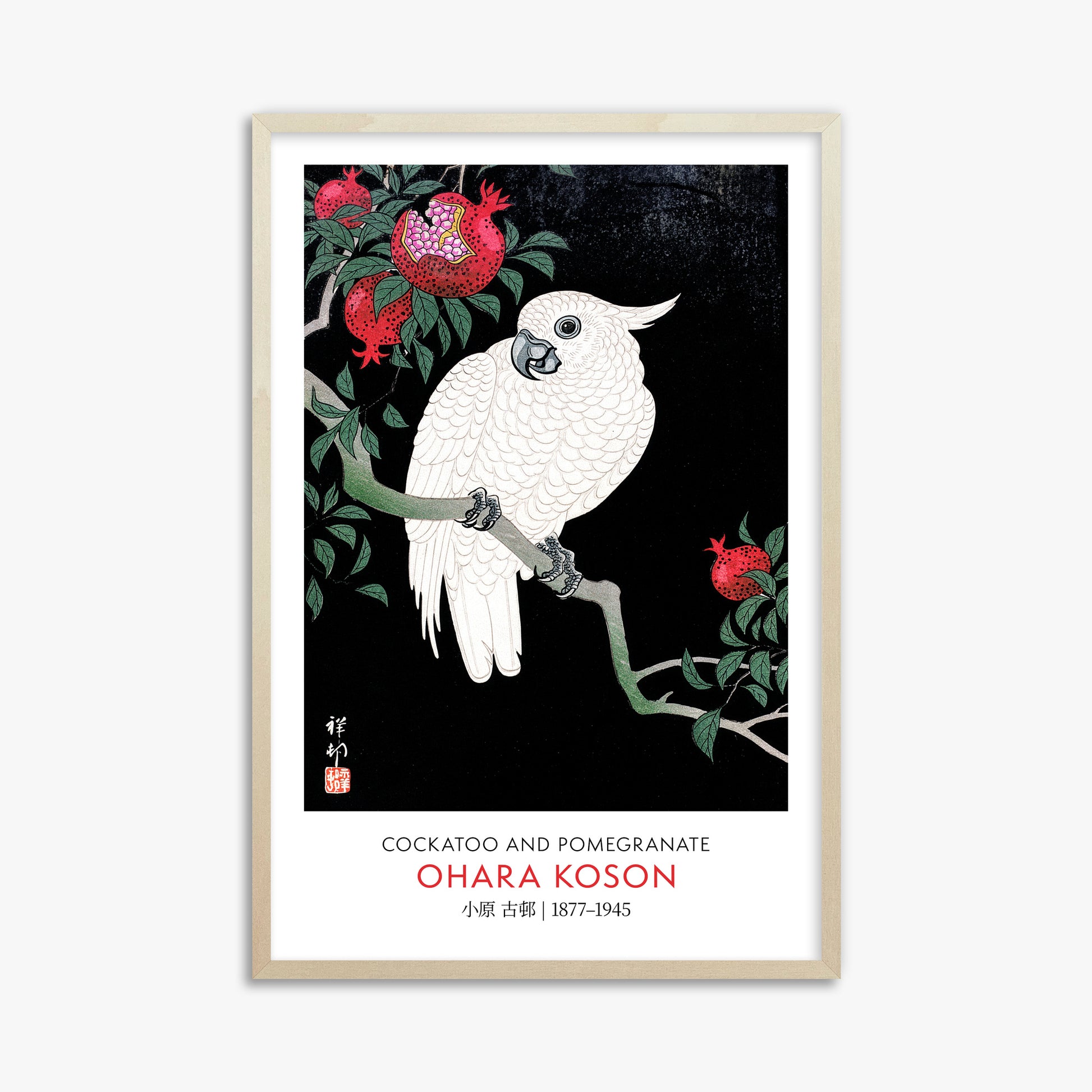 Ohara Koson: Cockatoo and Pomegranate - Gallery-style, 61x91cm Framed Art Reproduction With Lime Wood Frame