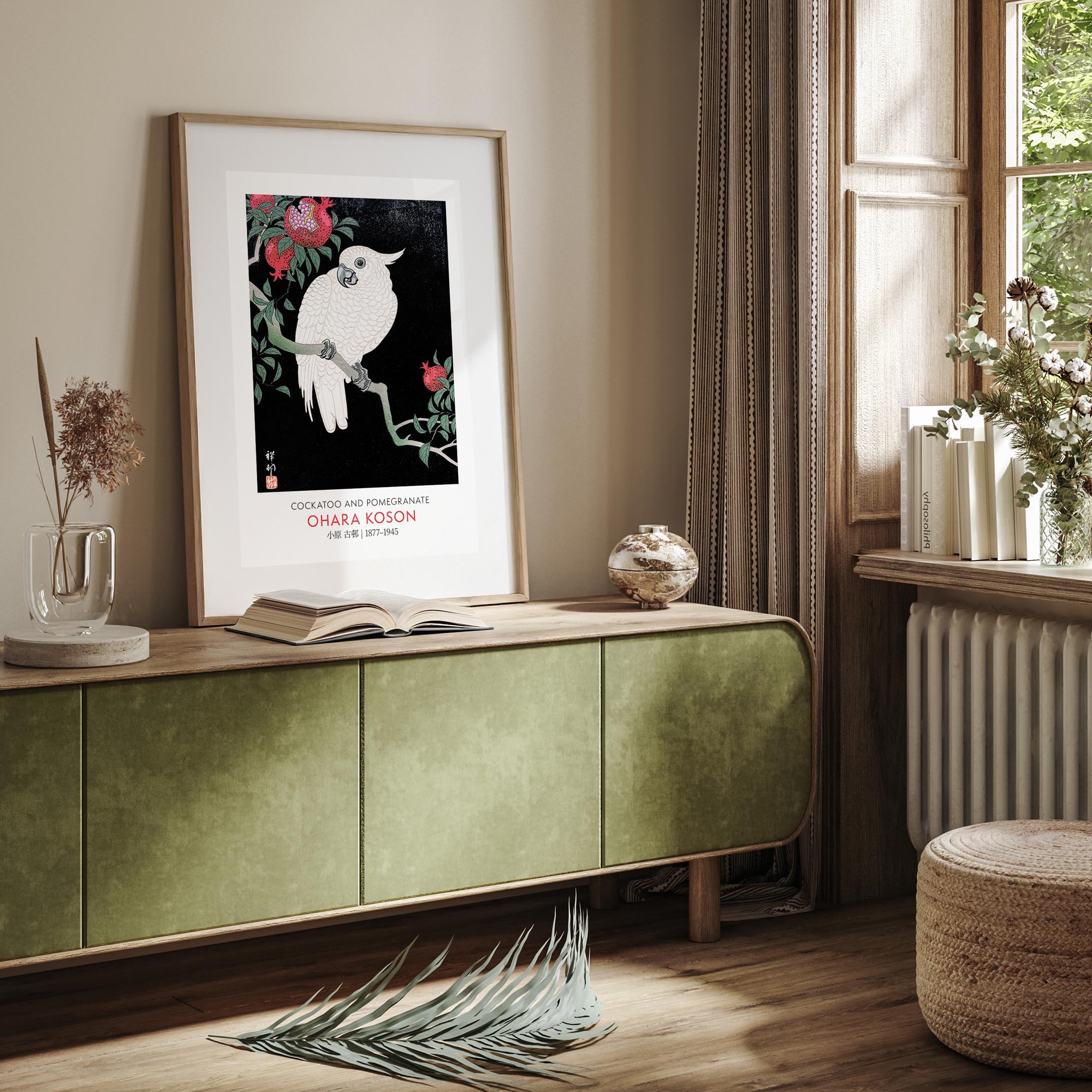 Design concept No. 23 for Ohara Koson: Cockatoo and Pomegranate - Gallery-style Japanese Wall Art