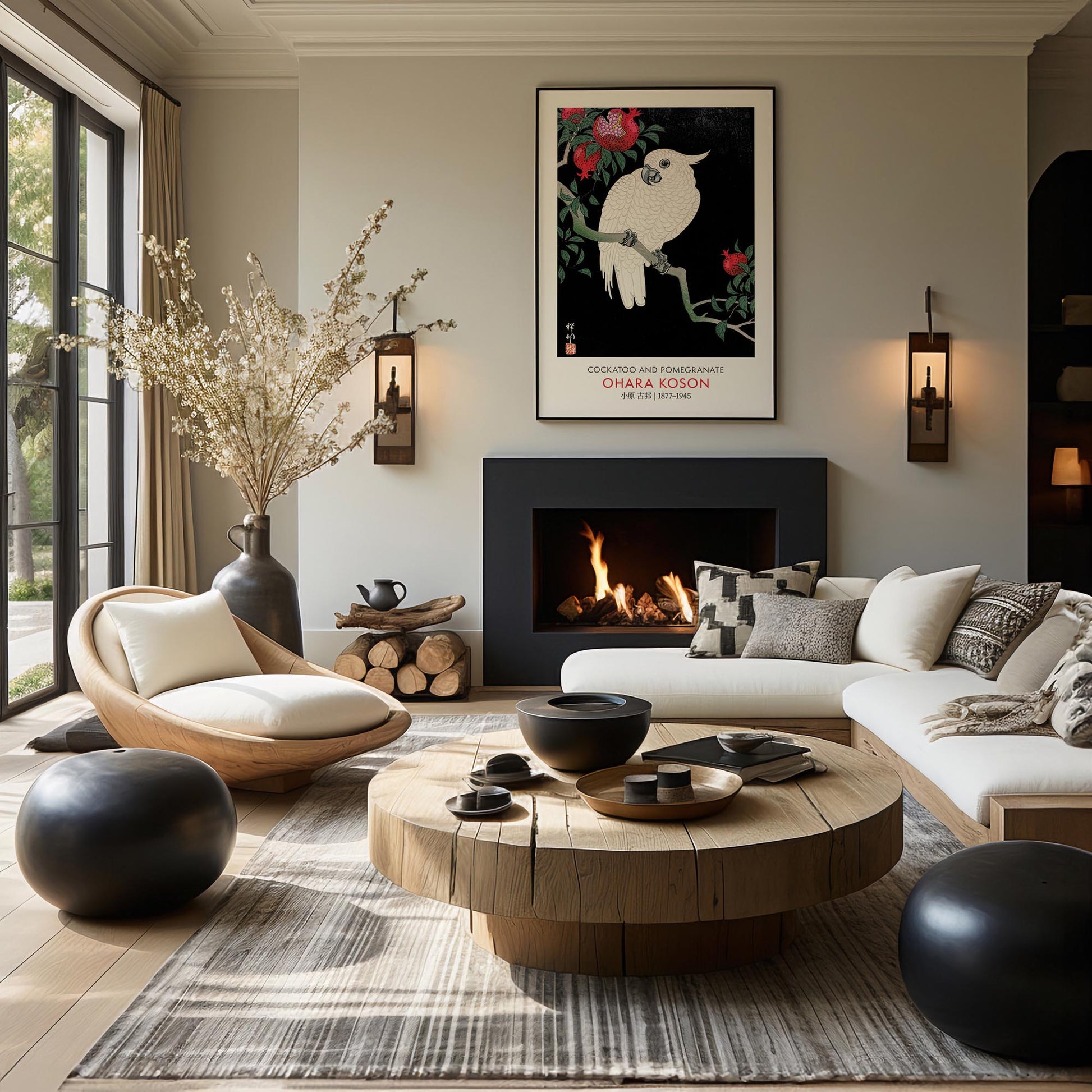 Design concept No. 39 for Ohara Koson: Cockatoo and Pomegranate - Gallery-style Japanese Wall Art