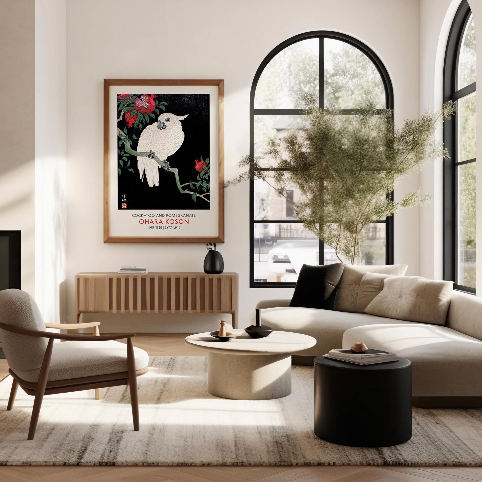 Design concept No. 40 for Ohara Koson: Cockatoo and Pomegranate - Gallery-style Japanese Wall Art