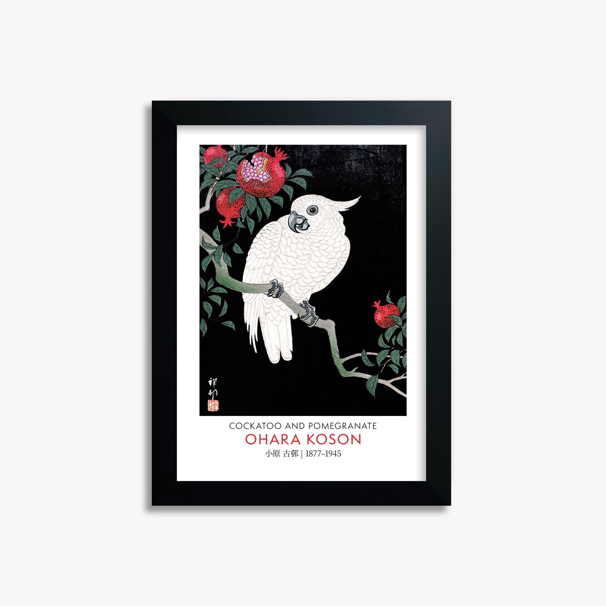 Ohara Koson: Cockatoo and Pomegranate - Gallery-style 21x30 cm Art Reproduction With Black Frame