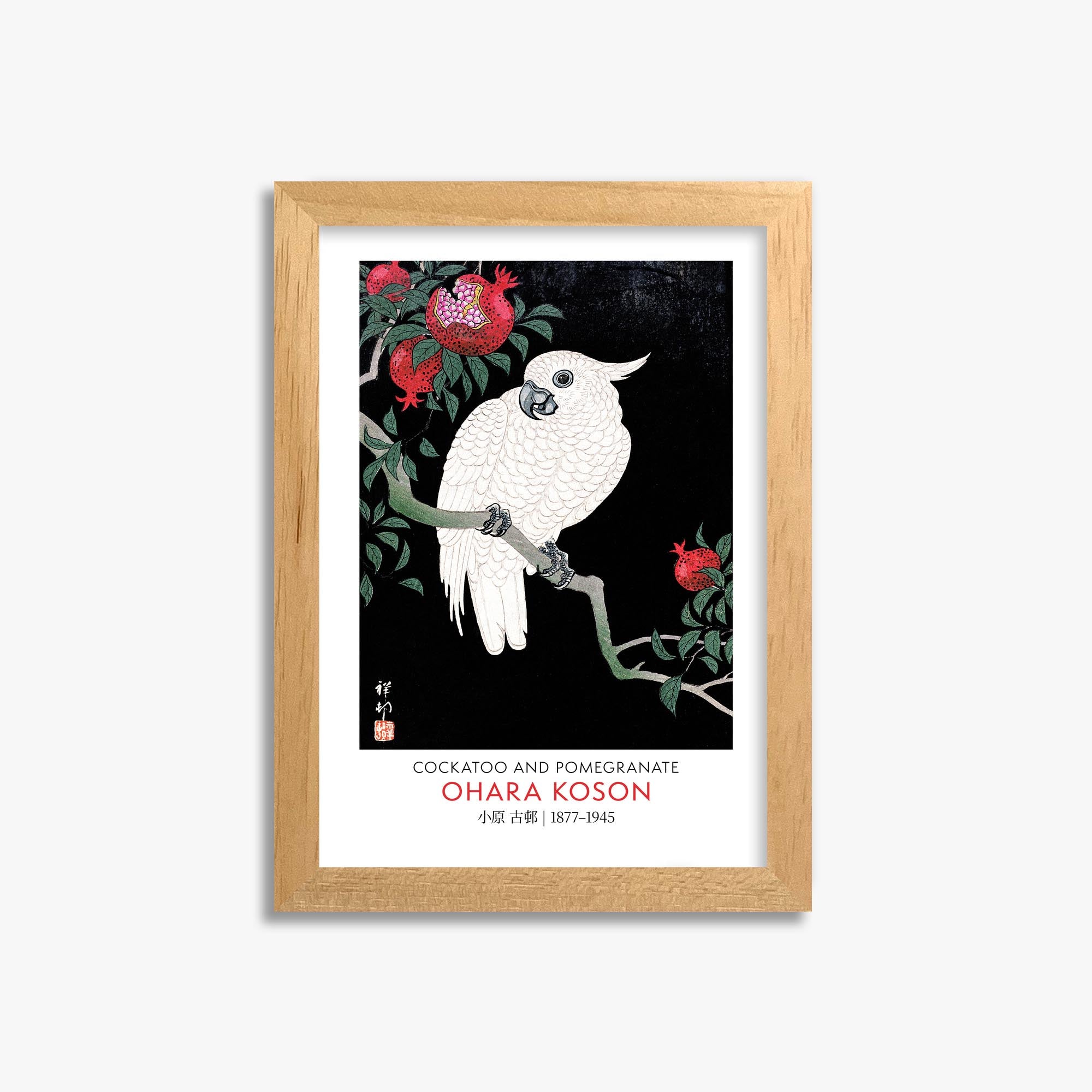 Ohara Koson: Cockatoo and Pomegranate - Gallery-style 21x30 cm Art Reproduction With Oak Frame