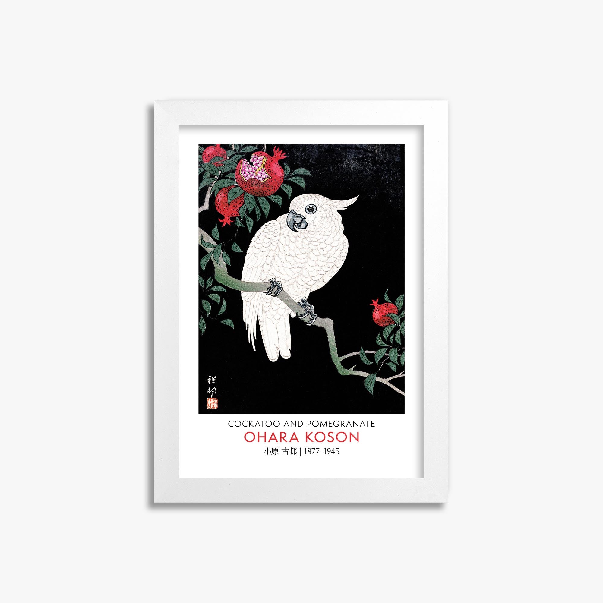 Ohara Koson: Cockatoo and Pomegranate - Gallery-style 21x30 cm Art Reproduction With White Frame
