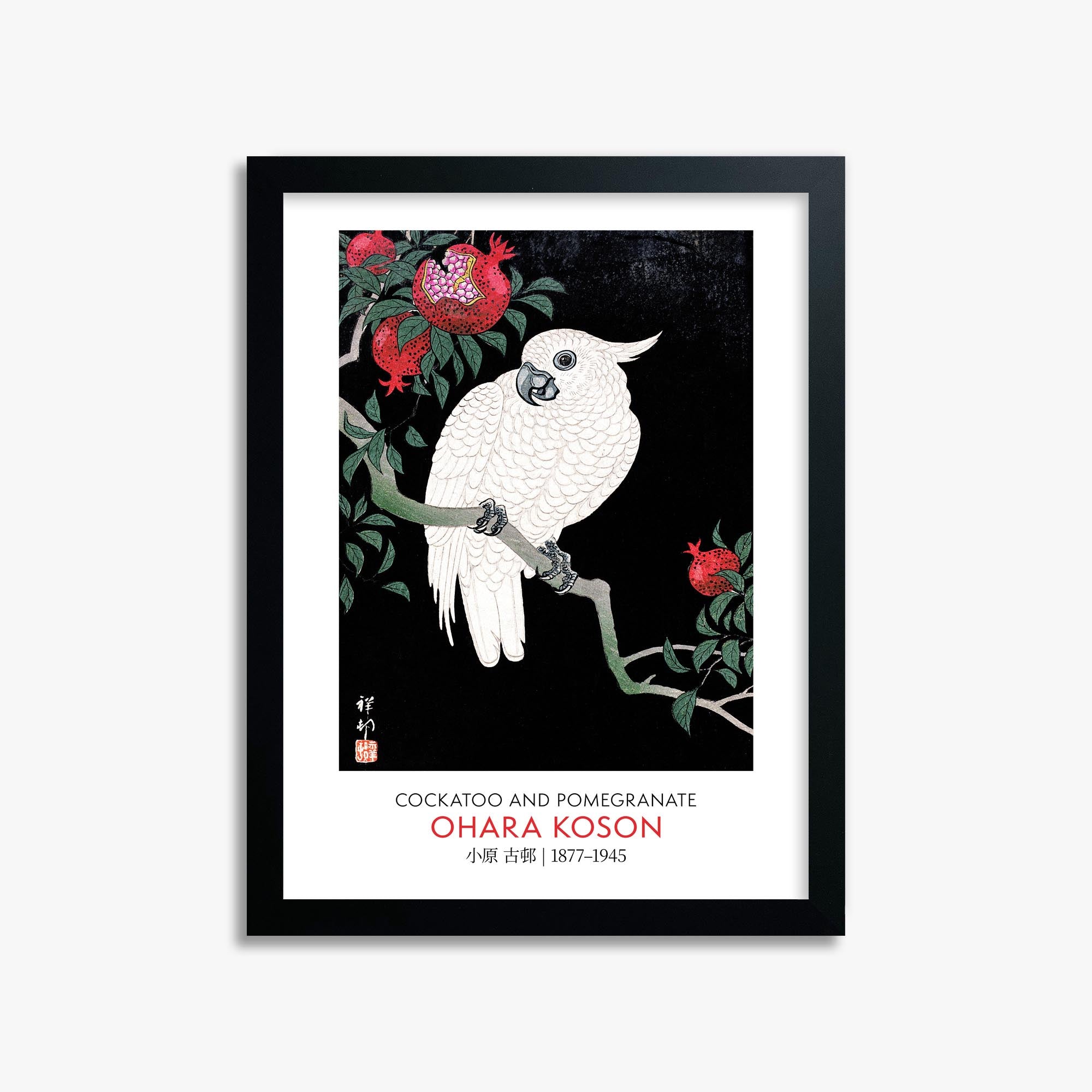Ohara Koson: Cockatoo and Pomegranate - Gallery-style 30x40 cm Art Reproduction With Black Frame