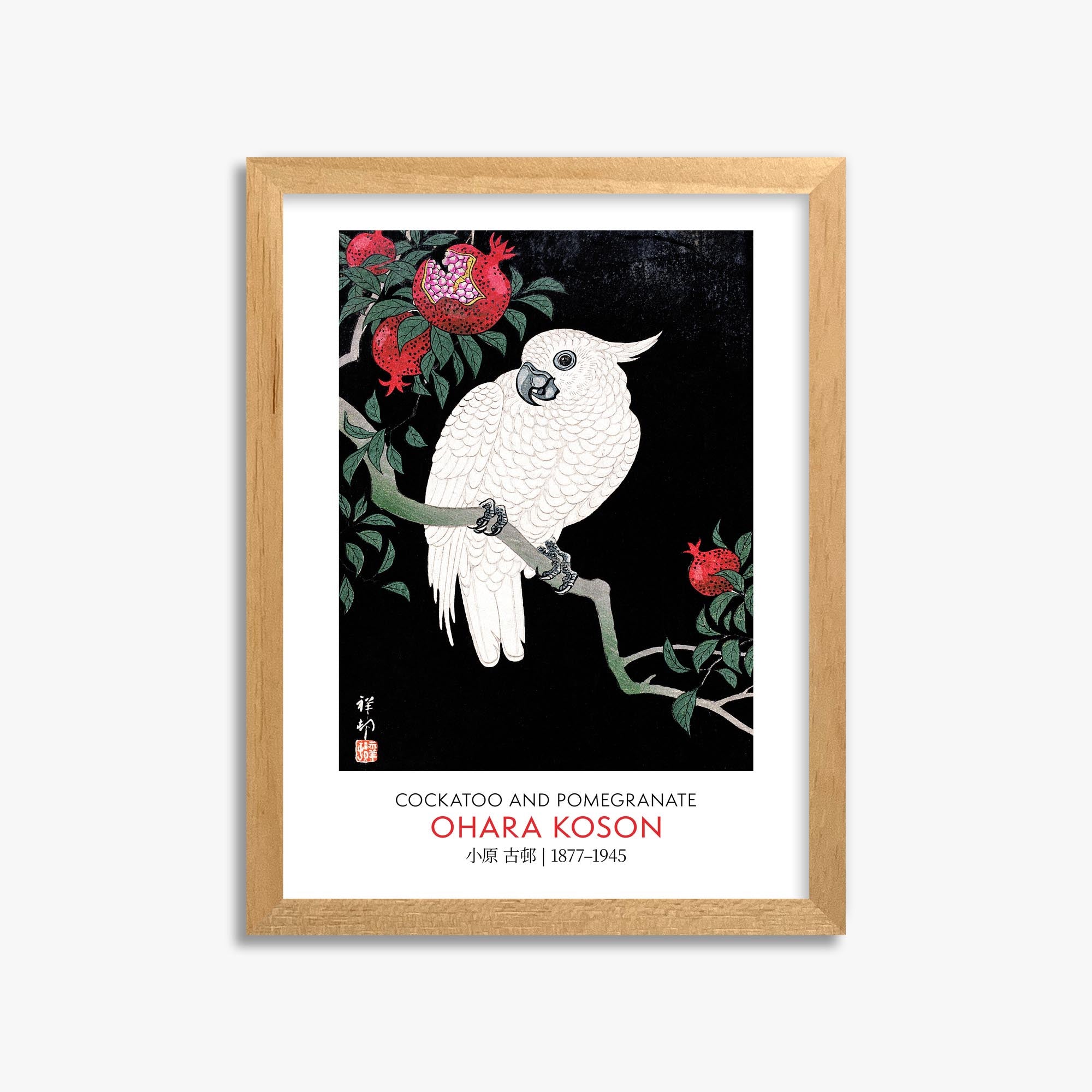 Ohara Koson: Cockatoo and Pomegranate - Gallery-style 30x40 cm Art Reproduction With Oak Frame