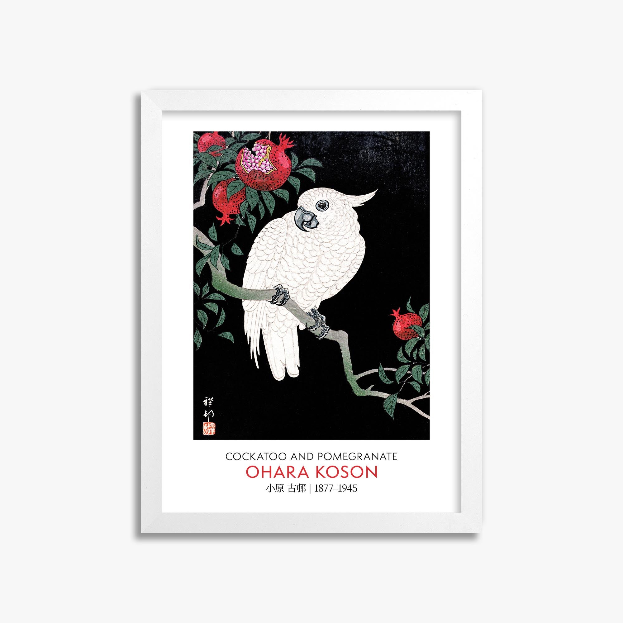 Ohara Koson: Cockatoo and Pomegranate - Gallery-style 30x40 cm Art Reproduction With White Frame