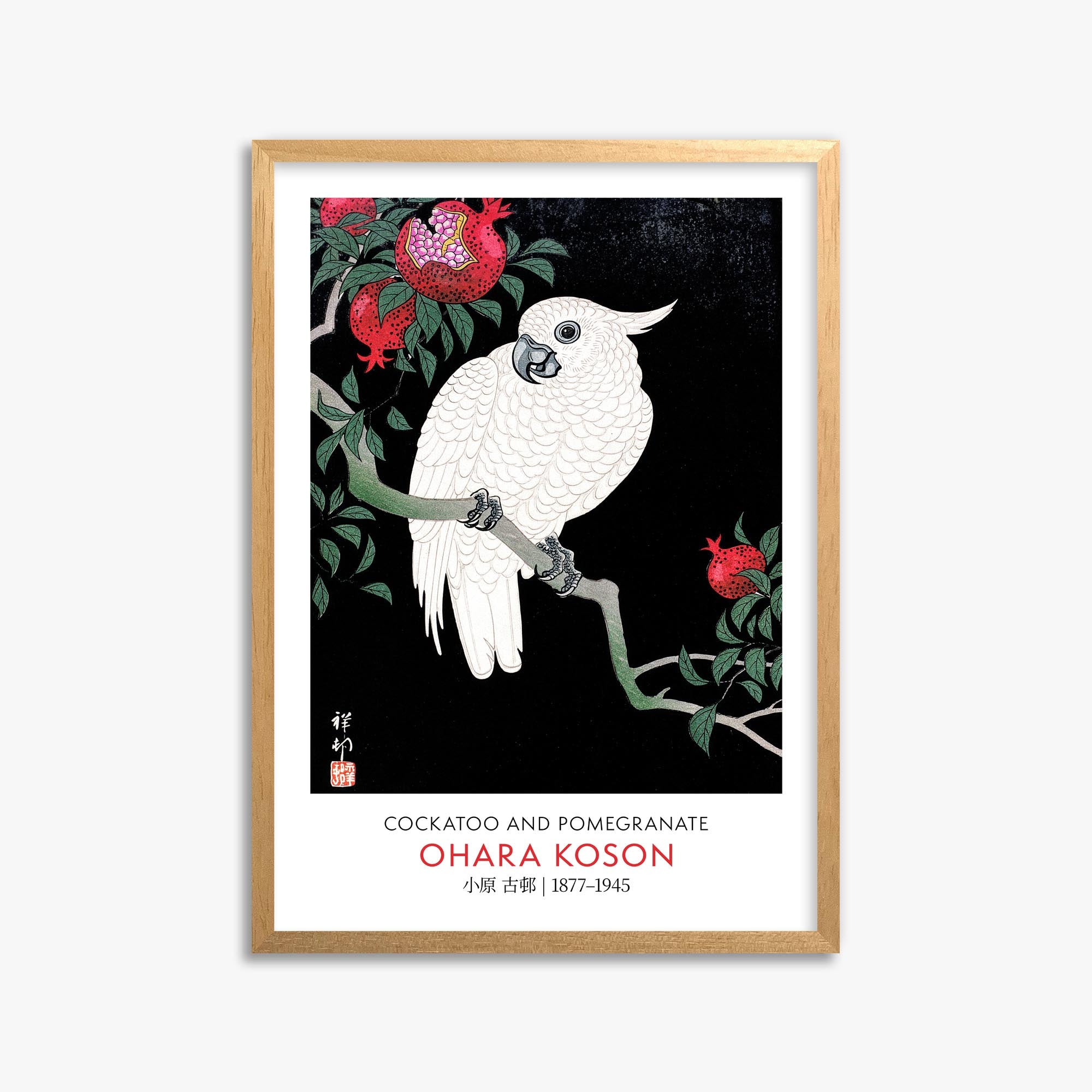 Ohara Koson: Cockatoo and Pomegranate - Gallery-style 50x70 cm Art Reproduction With Oak Frame