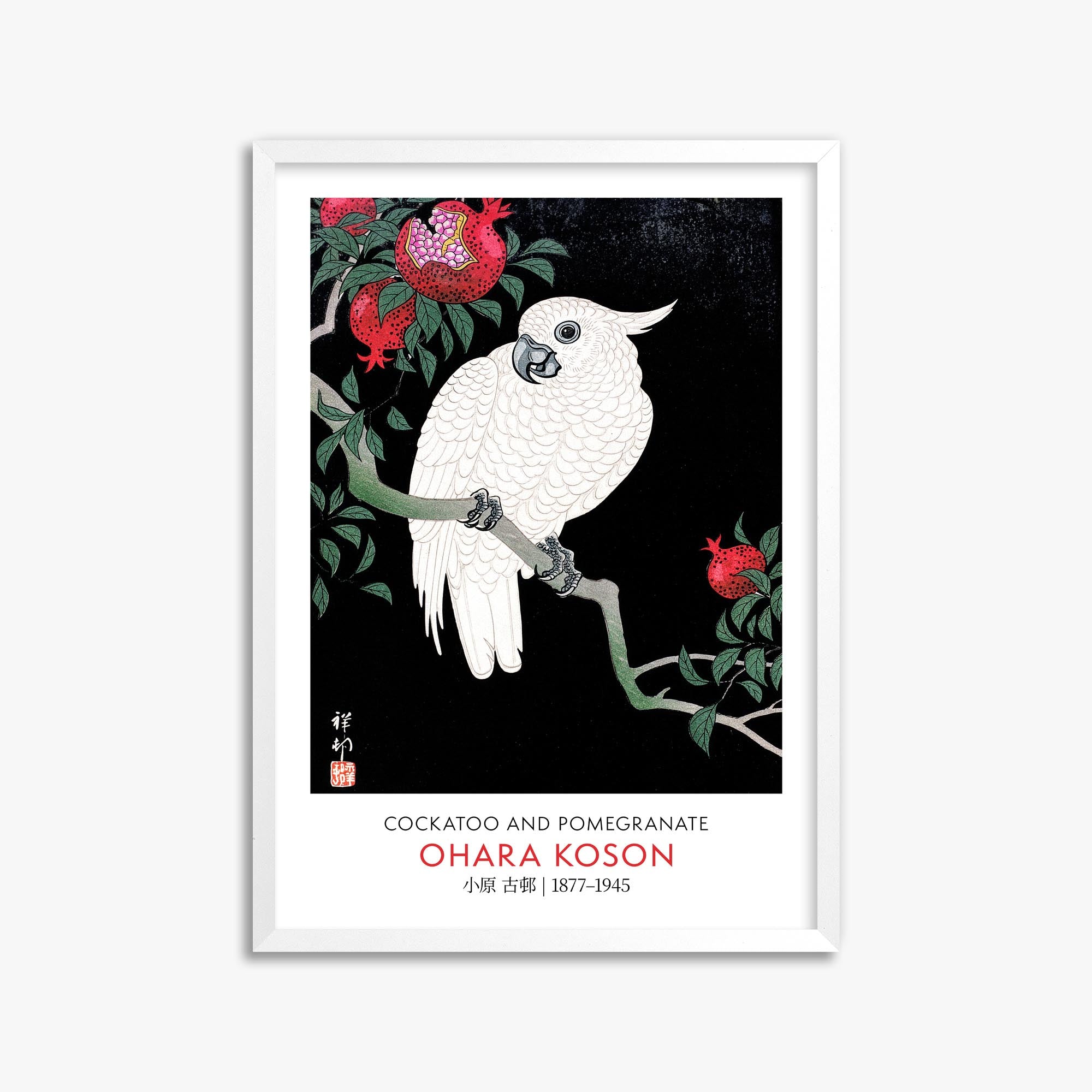 Ohara Koson: Cockatoo and Pomegranate - Gallery-style 50x70 cm Art Reproduction With White Frame