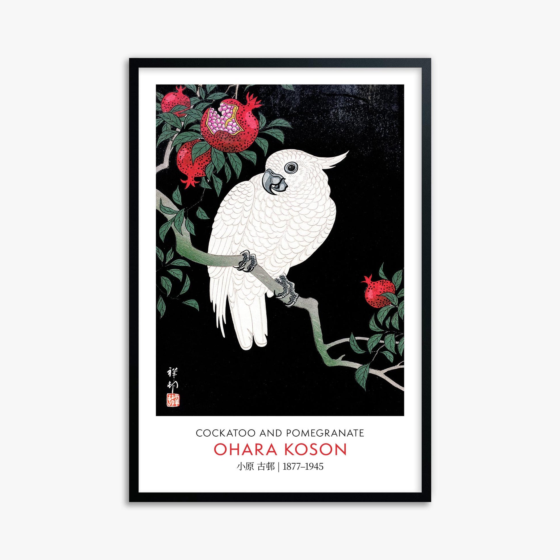 Ohara Koson: Cockatoo and Pomegranate - Gallery-style 61x91 cm Art Reproduction With Black Frame