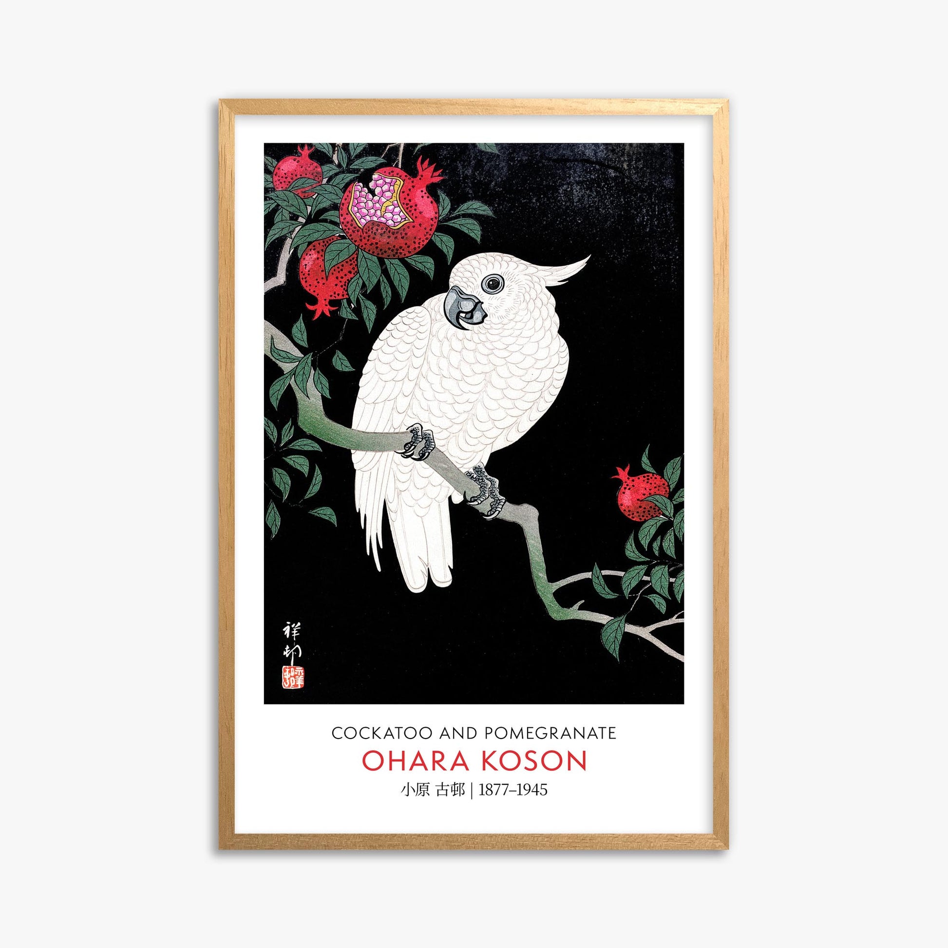Ohara Koson: Cockatoo and Pomegranate - Gallery-style 61x91 cm Art Reproduction With Oak Frame